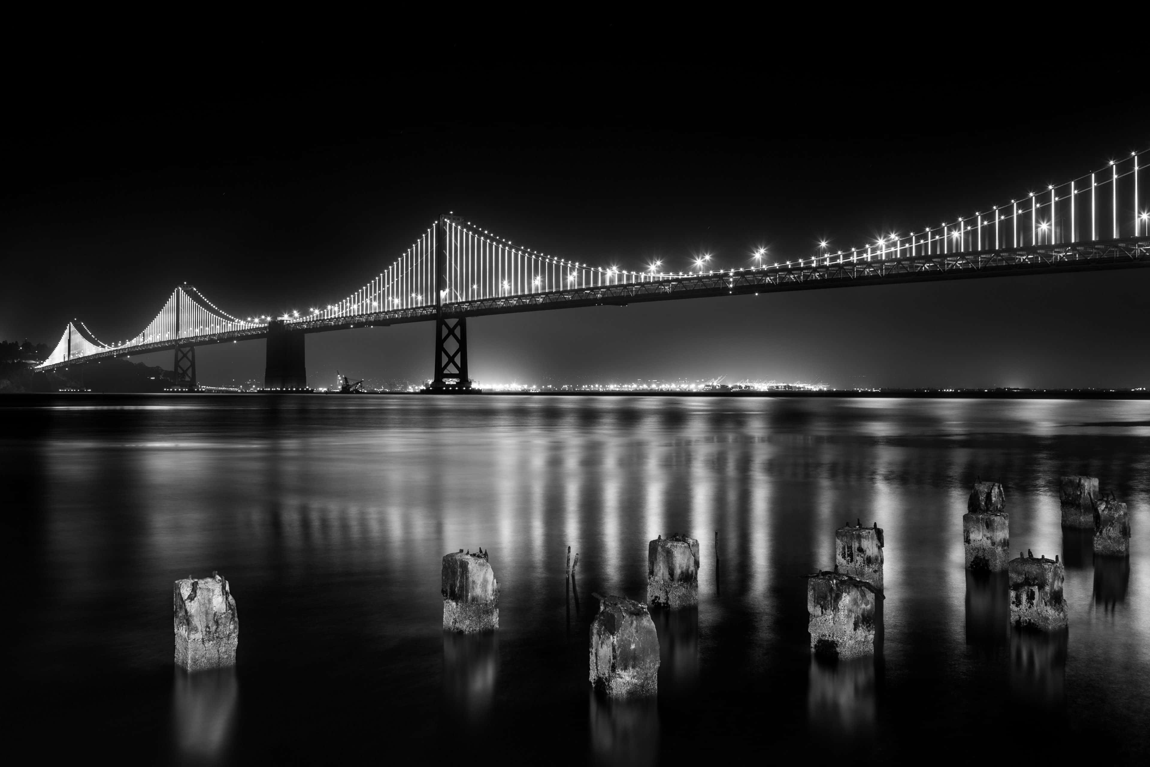 Black and White Architecture, night shot, lit suspension bridge, 4K Desktop Wallpaper