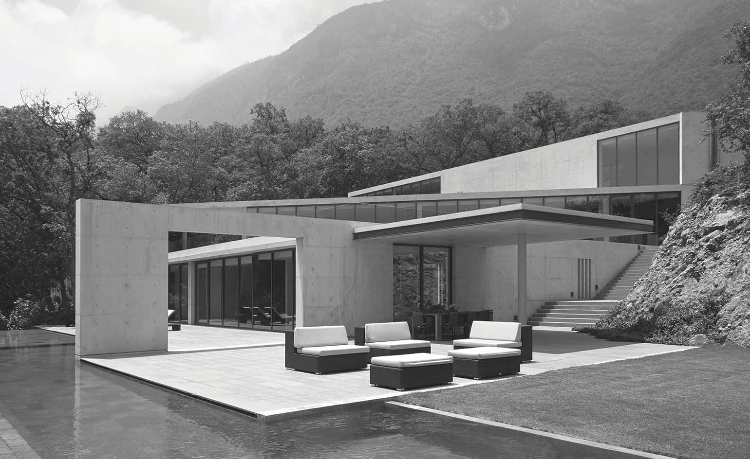 modernist concrete house, glass walls, outdoor seating, HD Desktop Wallpaper