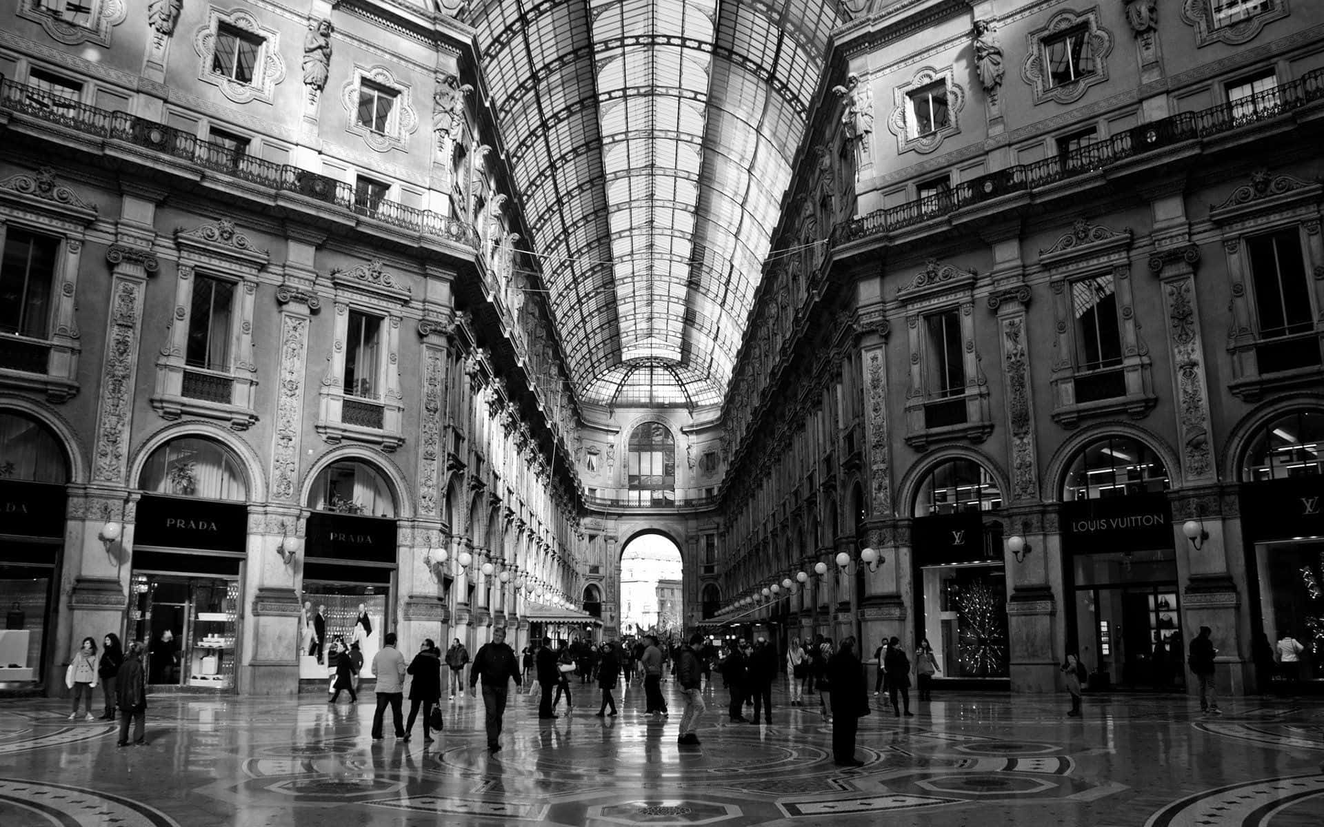 black and white architecture, grand ornate shopping arcade, glass roof, Full HD Desktop Wallpaper