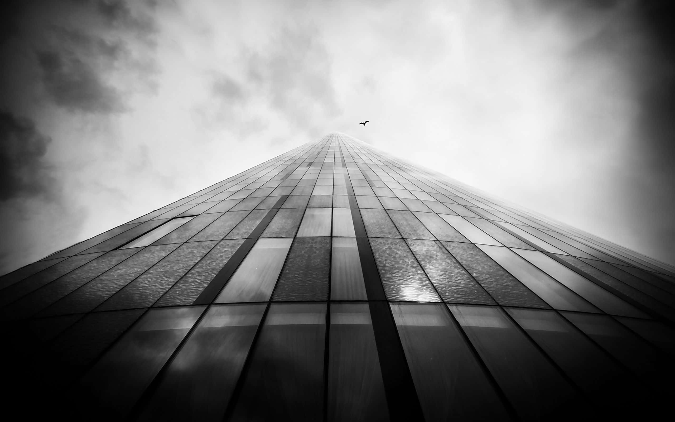 black and white architecture, glass skyscraper, cloudy sky, 2K Desktop Wallpaper