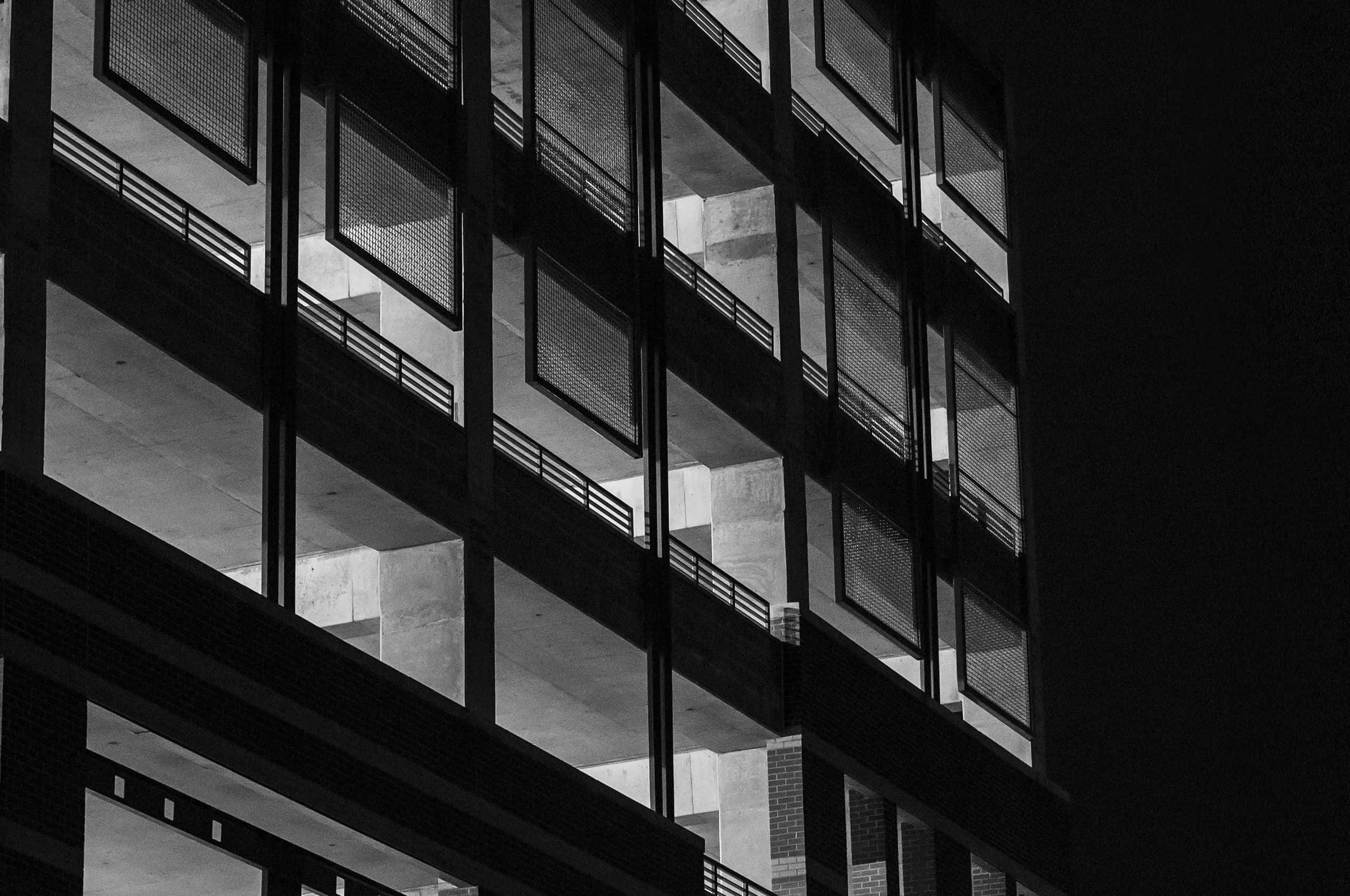 black and white architecture, multi-level building, night, 2K Desktop Wallpaper