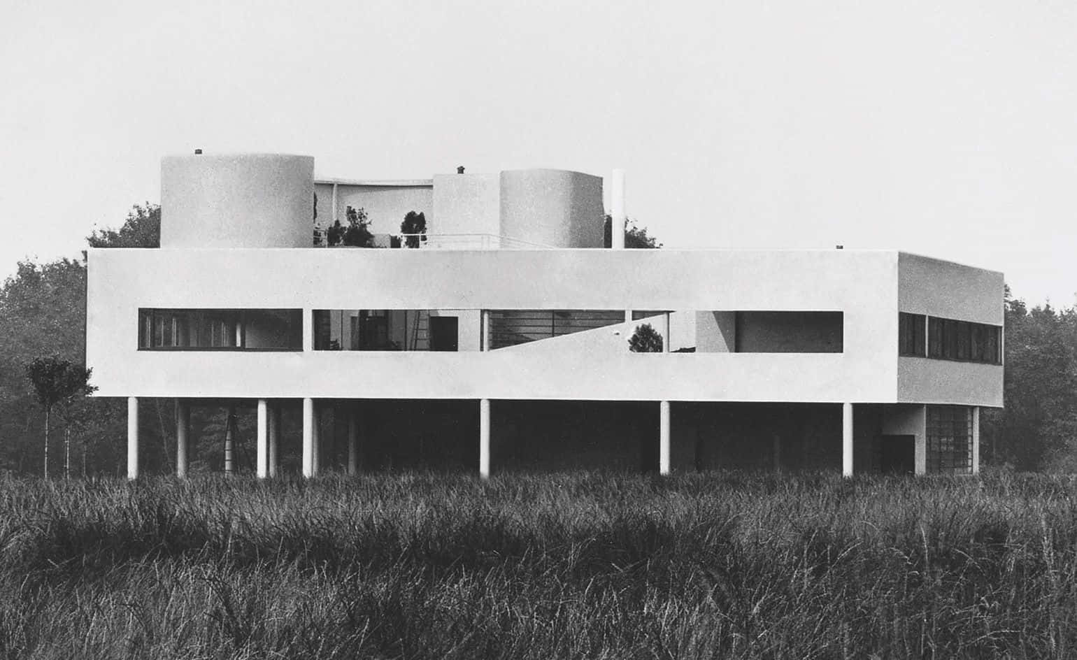 black and white architecture, modernist house, cylindrical towers, HD Desktop Wallpaper