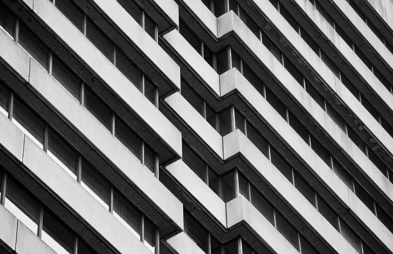 black and white architecture, modernist building, geometric facade, HD Desktop Wallpaper