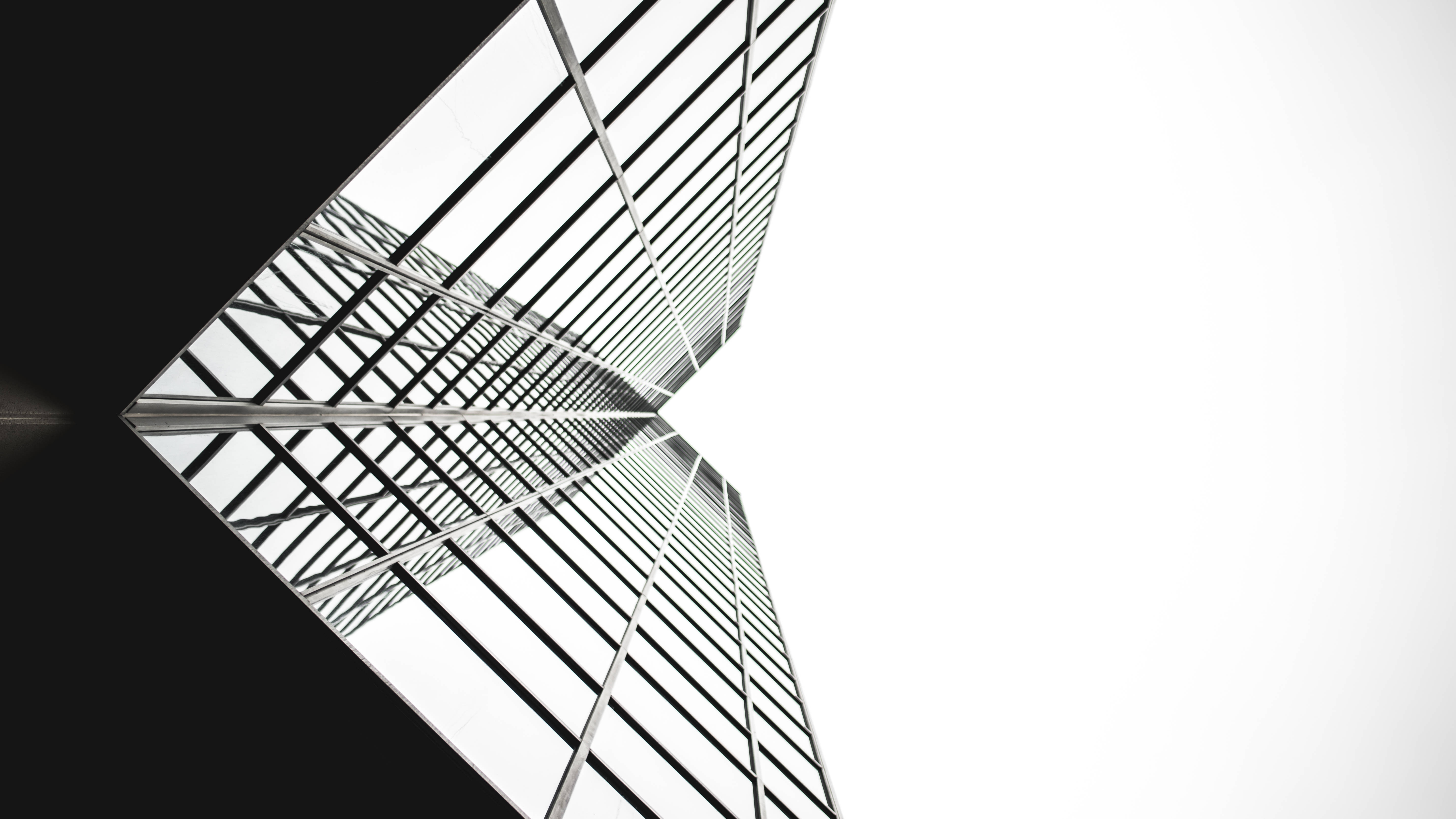 black and white building architecture, modern glass skyscraper, geometric grid, 5K Desktop Wallpaper