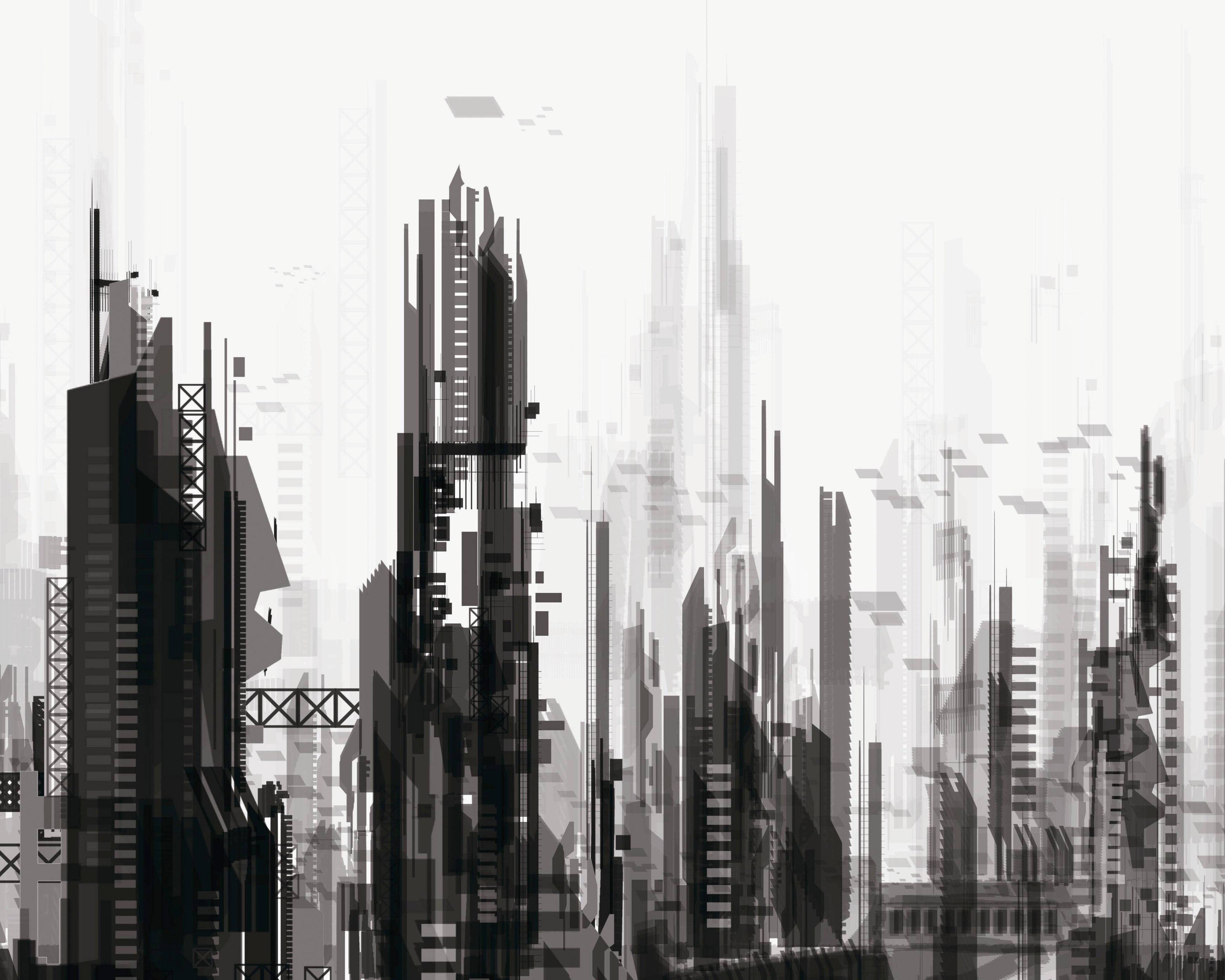 futuristic buildings, monochromatic digital-art cityscape, towering skyscrapers, 5K Desktop Wallpaper