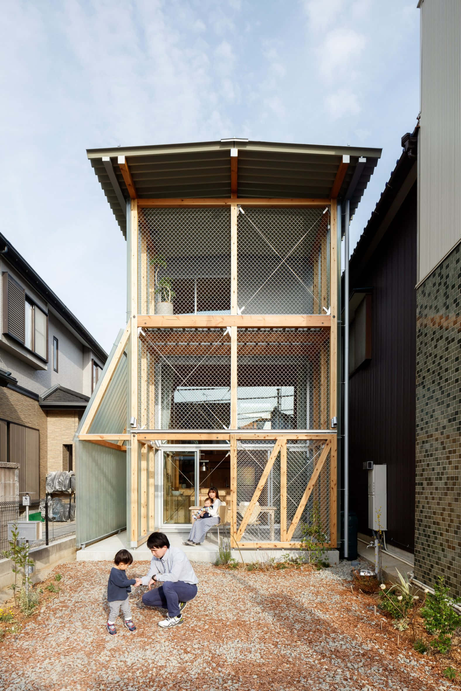 minimalist architecture, modern wooden house, mesh screens, Full HD Phone Wallpaper