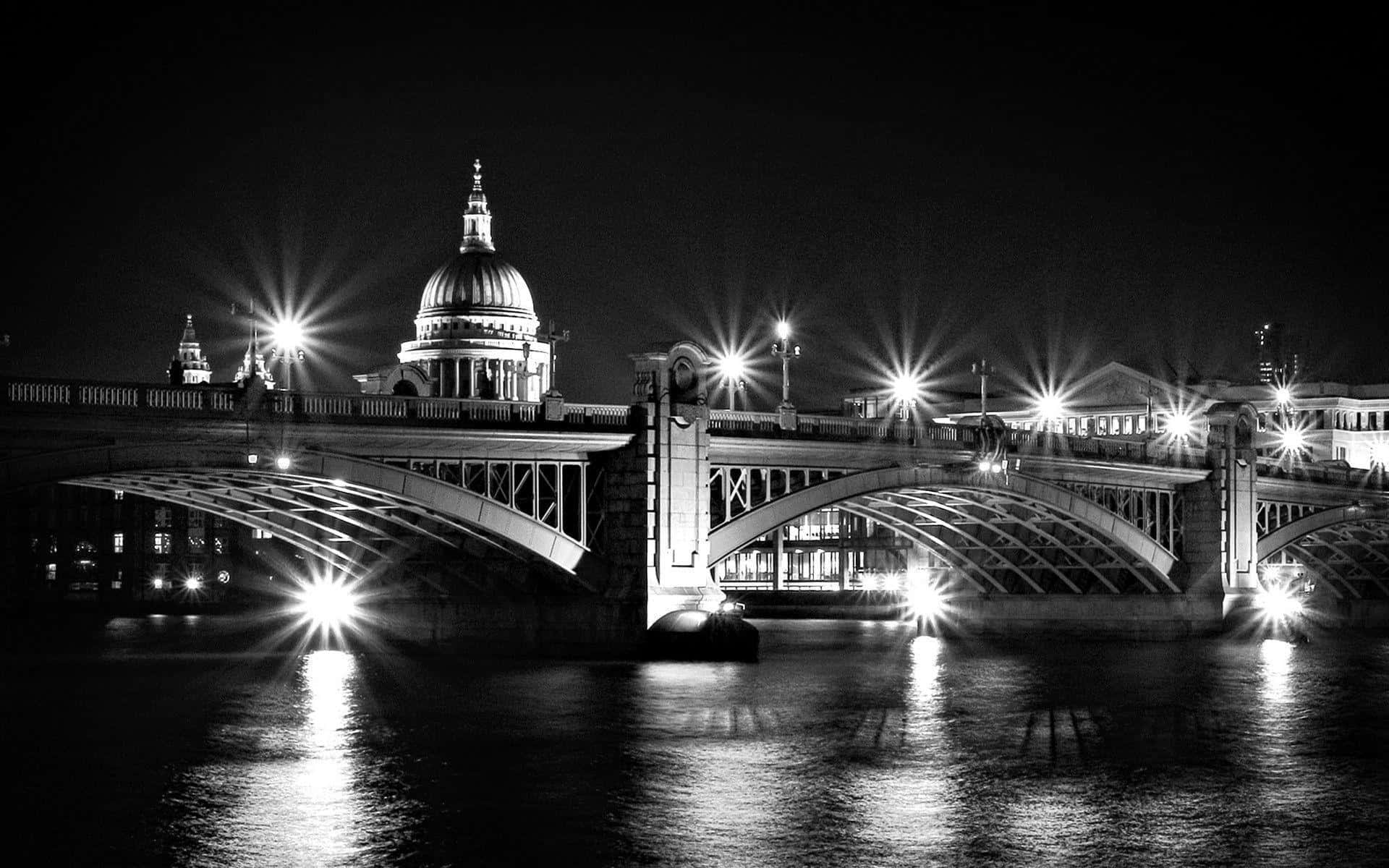 black and white, night view, lit bridge over water, Full HD Desktop Wallpaper