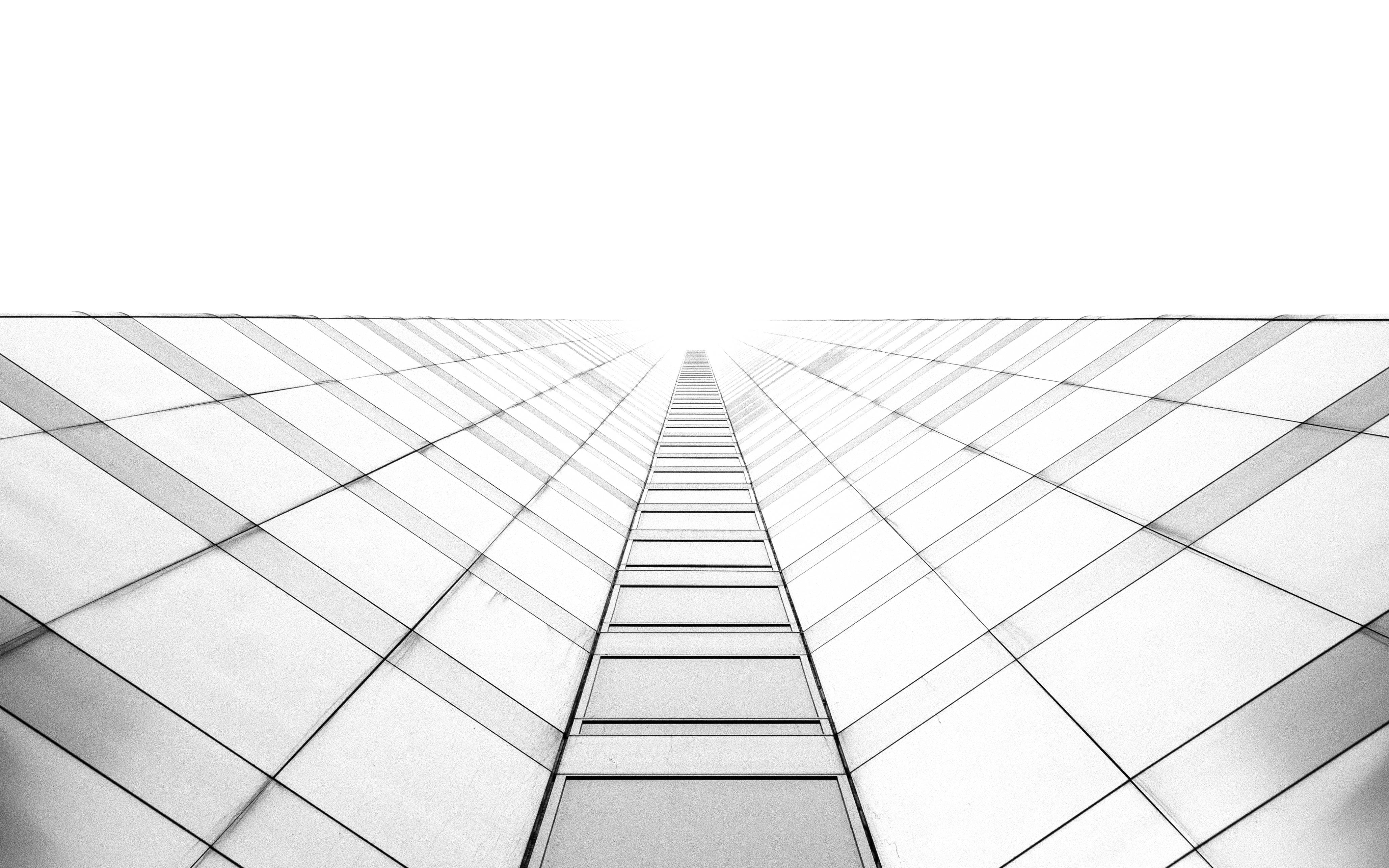 white abstract high rise building, modern glass skyscraper facade, black and white shot, 4K Desktop Wallpaper