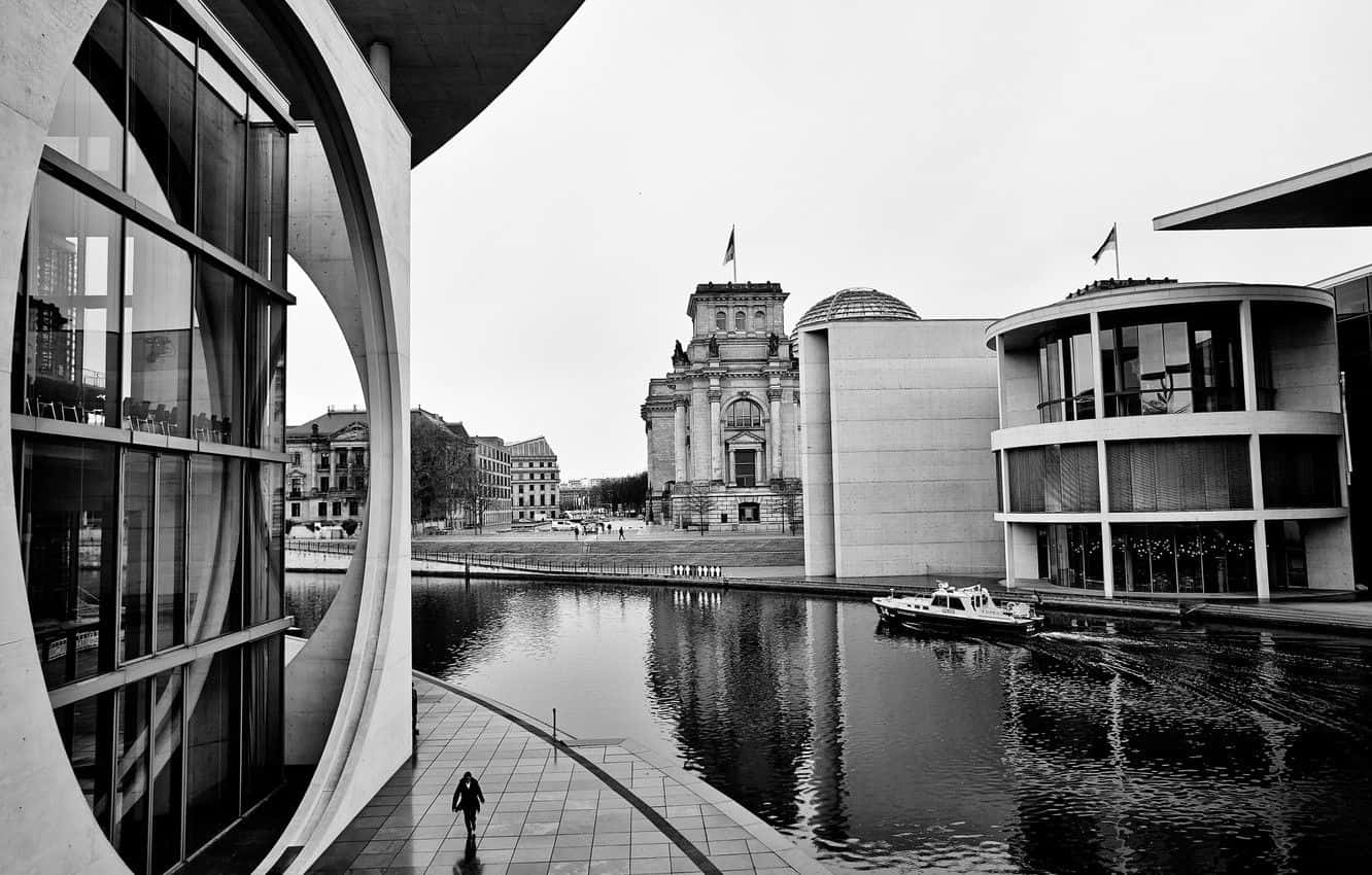 black and white architecture, modern glass architecture, historic building, HD Desktop Wallpaper