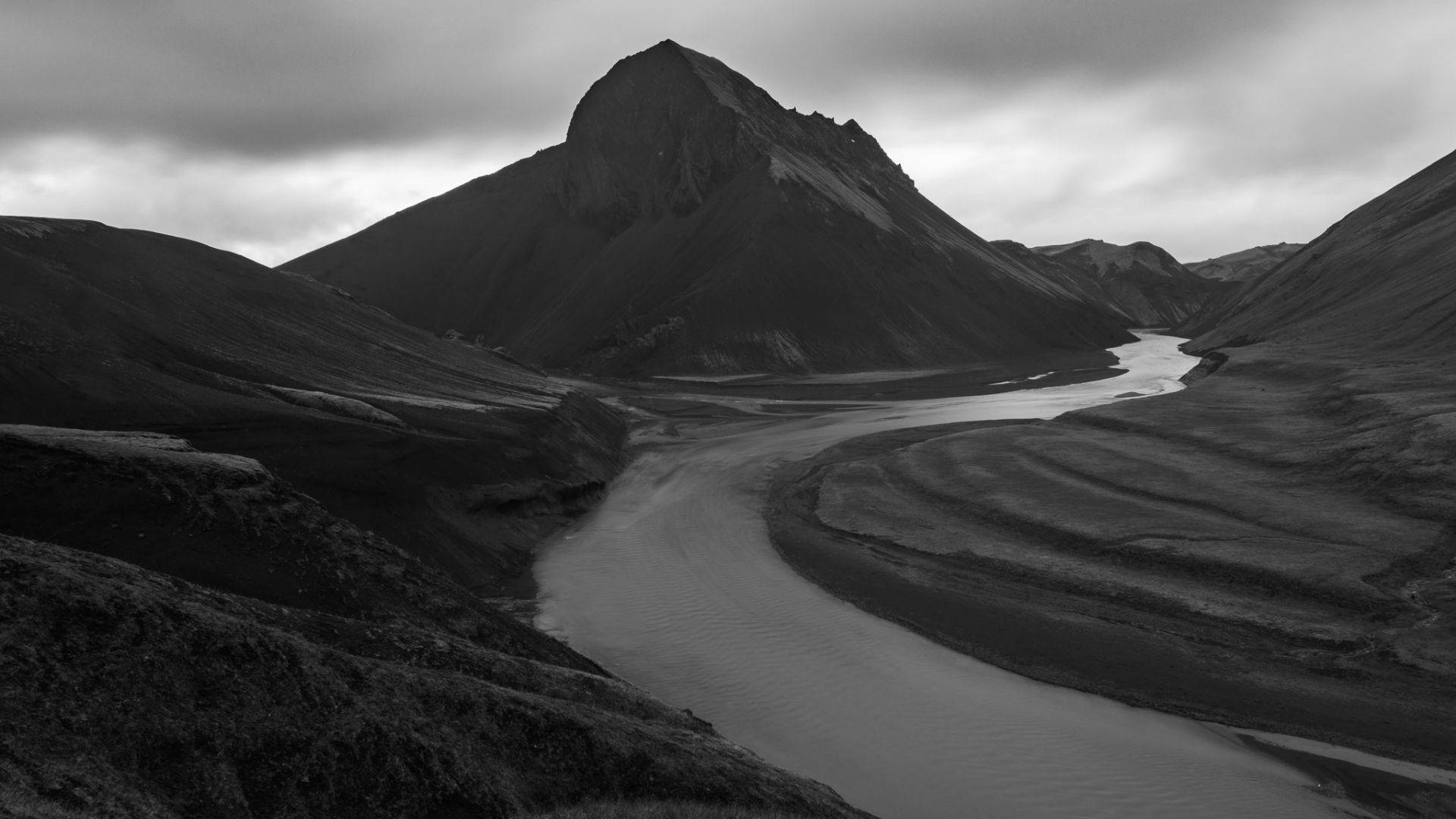 Black And White River, winding river, stark volcanic terrain, Full HD Desktop Wallpaper