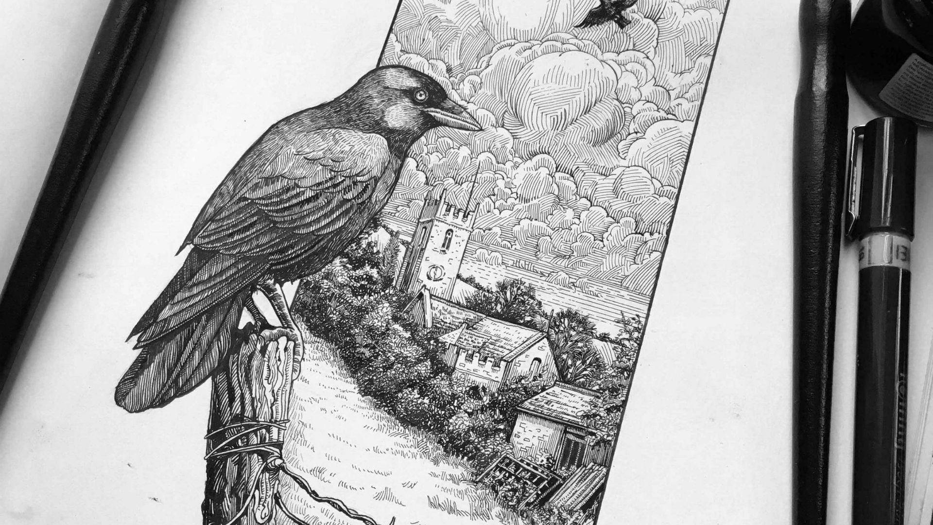 crow, post, village, Full HD Desktop Wallpaper