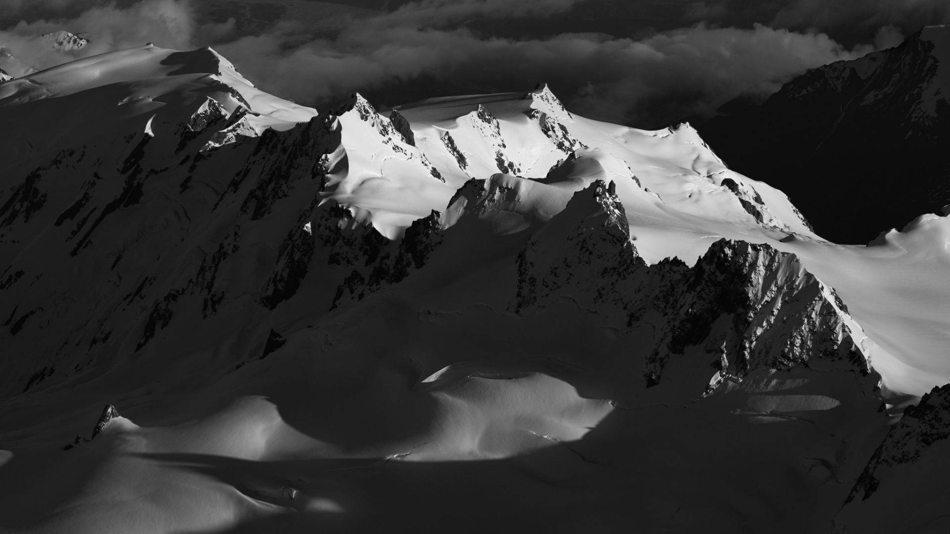 black and white art mountains, mountain range, snow-capped peaks, Full HD Desktop Wallpaper