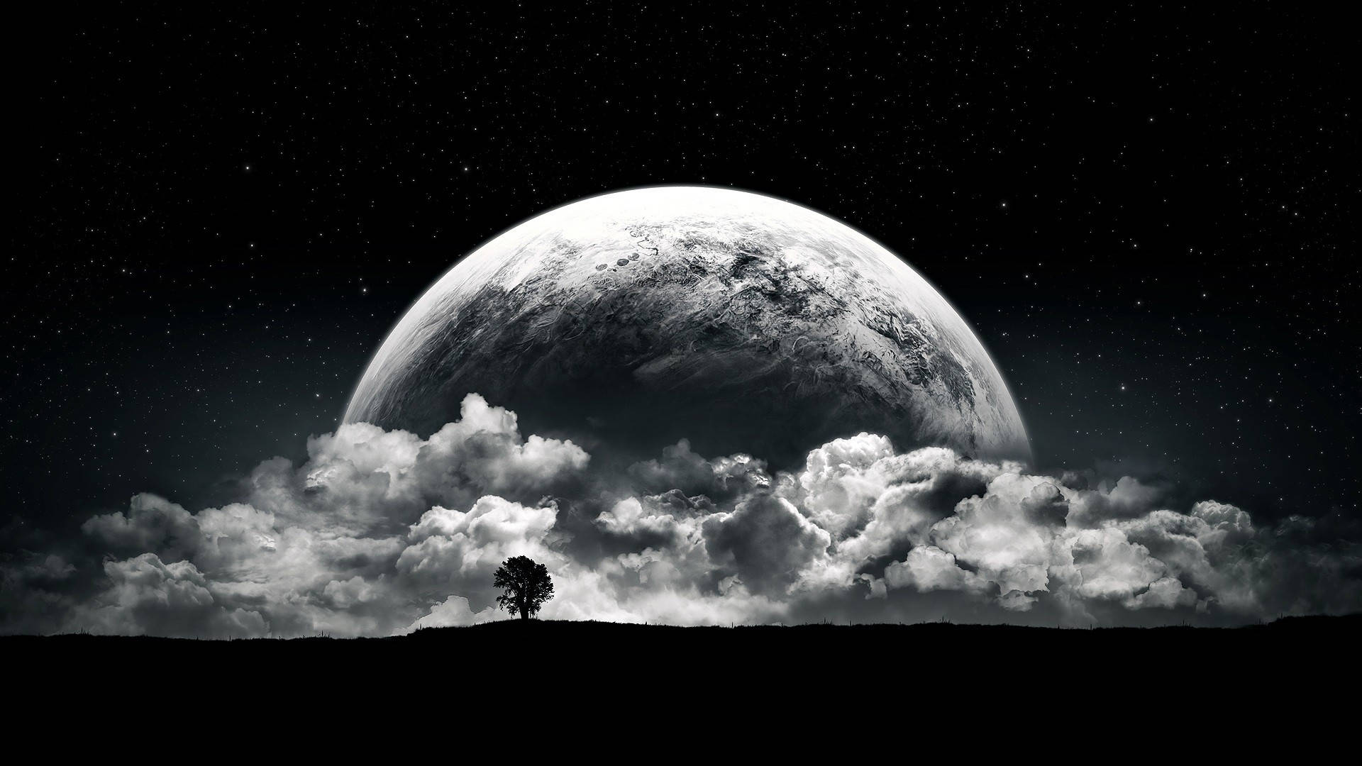 Black And White Astronaut, massive planet, dramatic clouds, Full HD Desktop Wallpaper