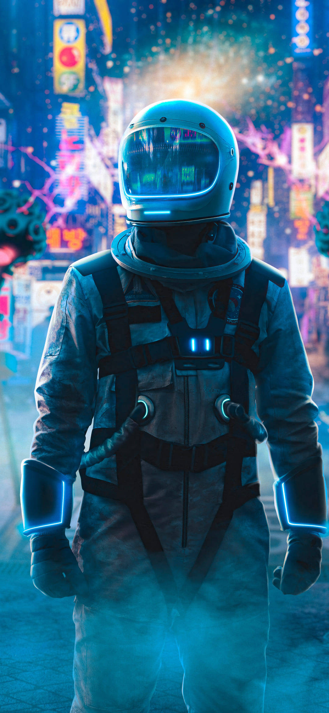 Black And White Astronaut, glowing blue suit, neon-drenched futuristic cityscape, Full HD Phone Wallpaper
