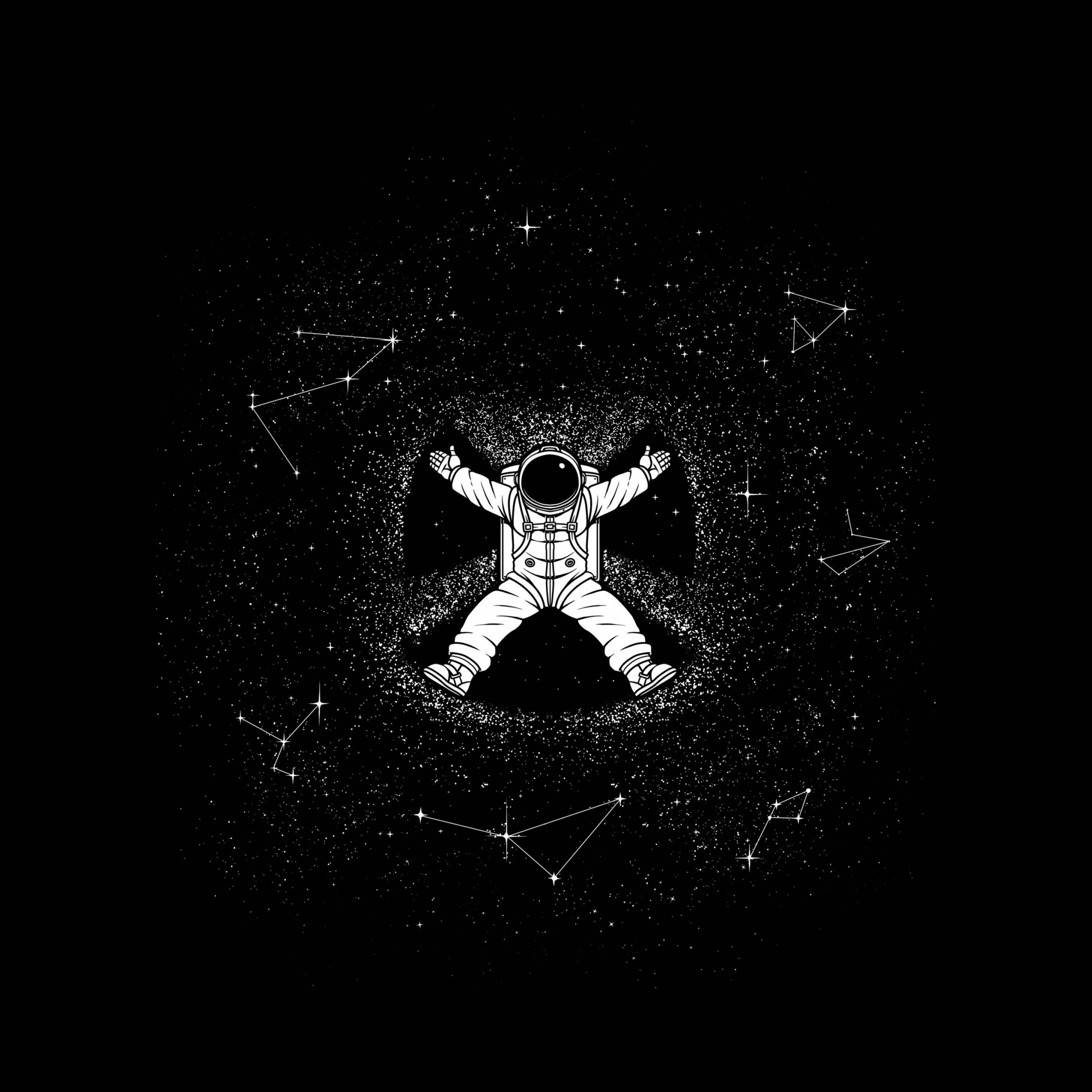 Black And White Astronaut, white line-art astronaut, stars, 2K Desktop Wallpaper
