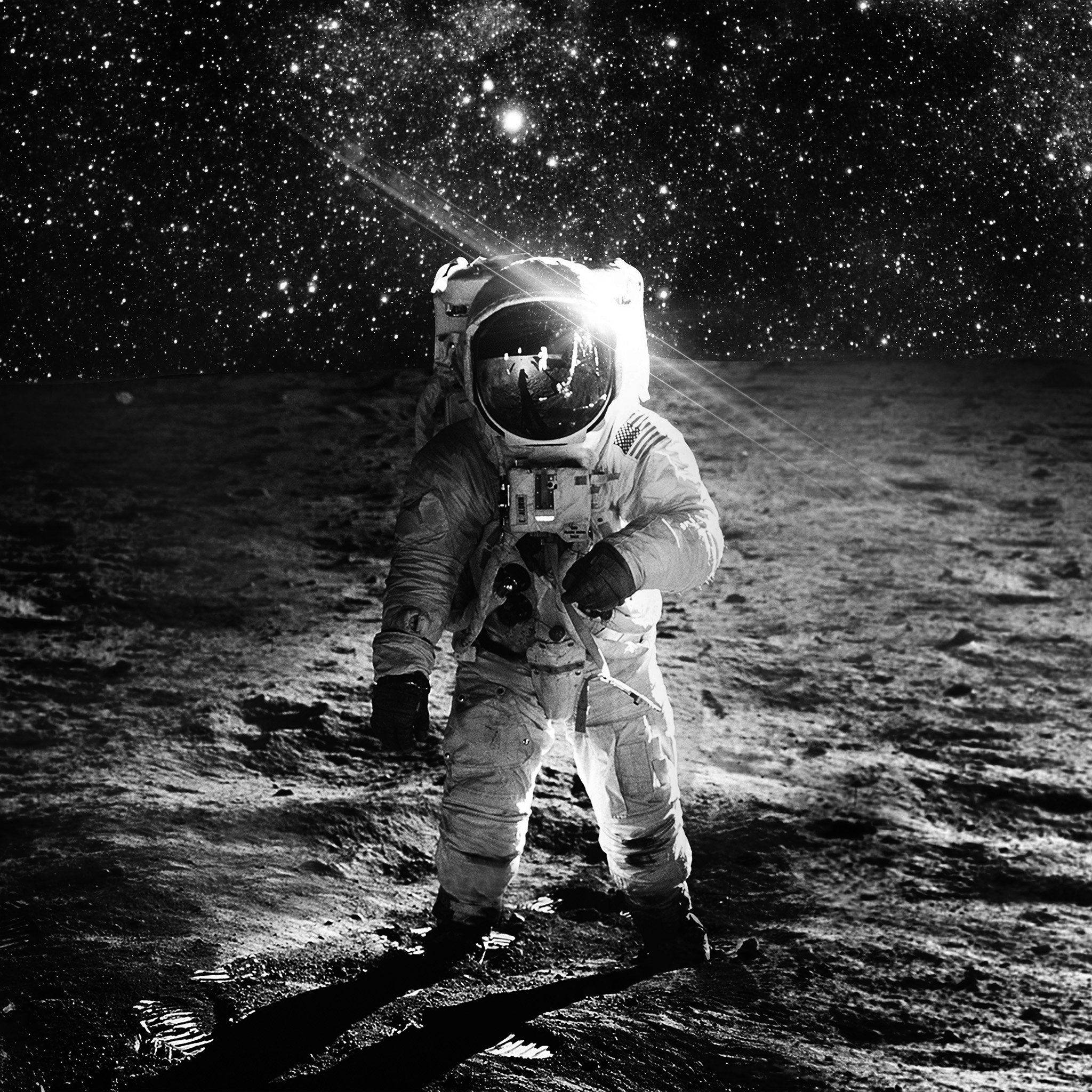 Black And White Astronaut, moon surface, starry sky, Full HD Desktop Wallpaper