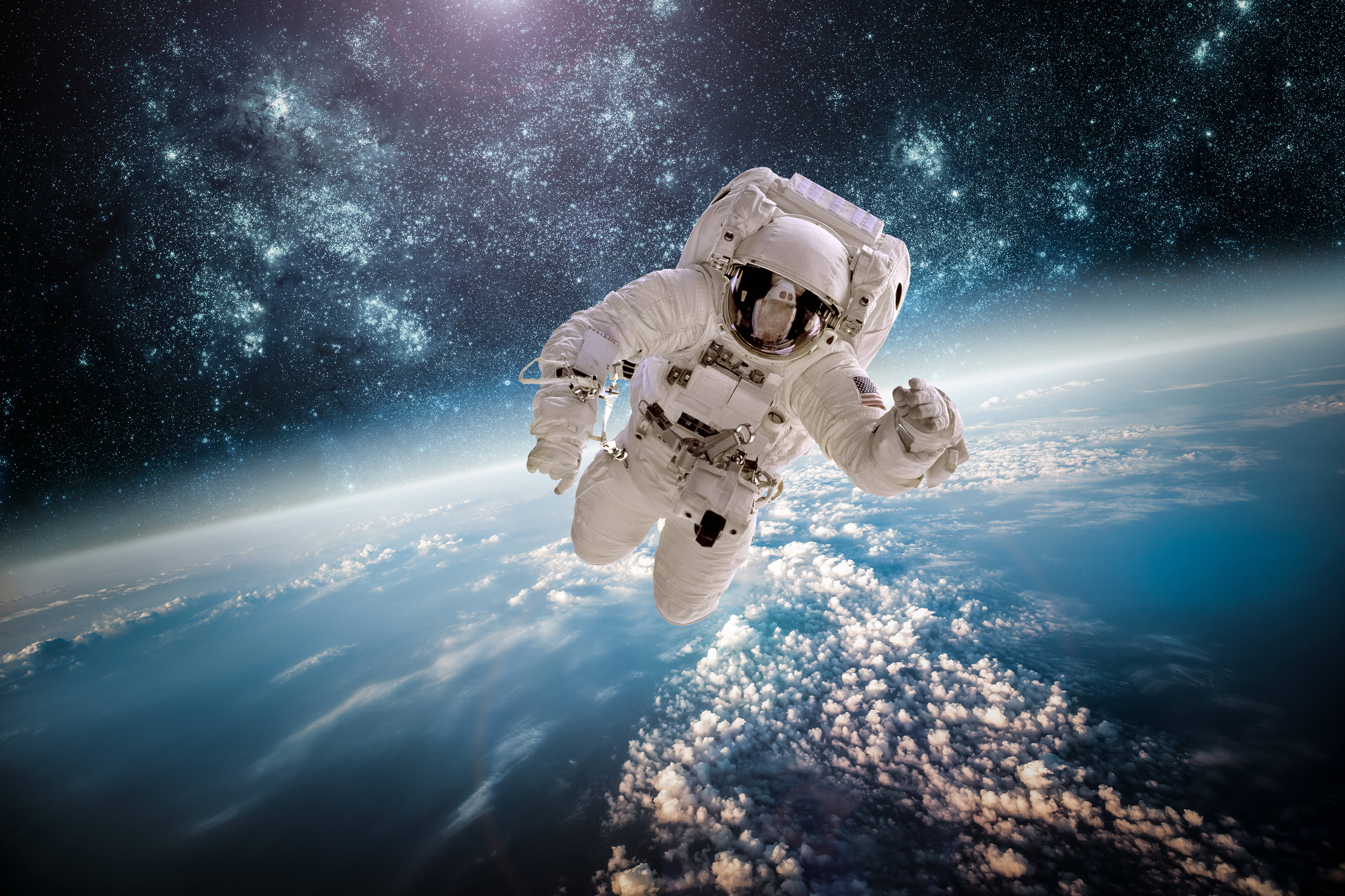 Black And White Astronaut, Earth, cloud-covered blue surface, 5K Desktop Wallpaper