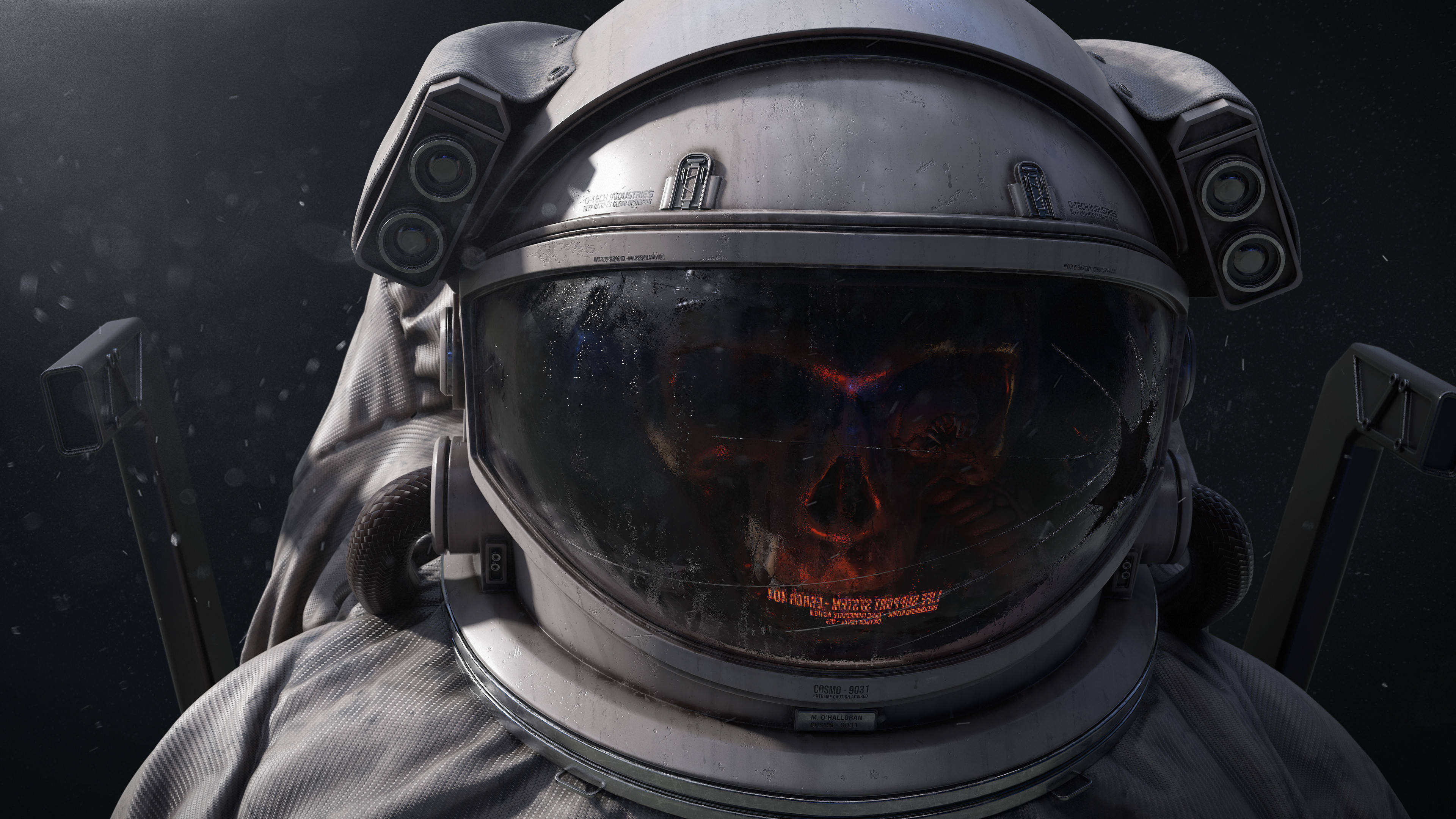 Black And White Astronaut, space helmet, glowing red skull, 4K Desktop Wallpaper