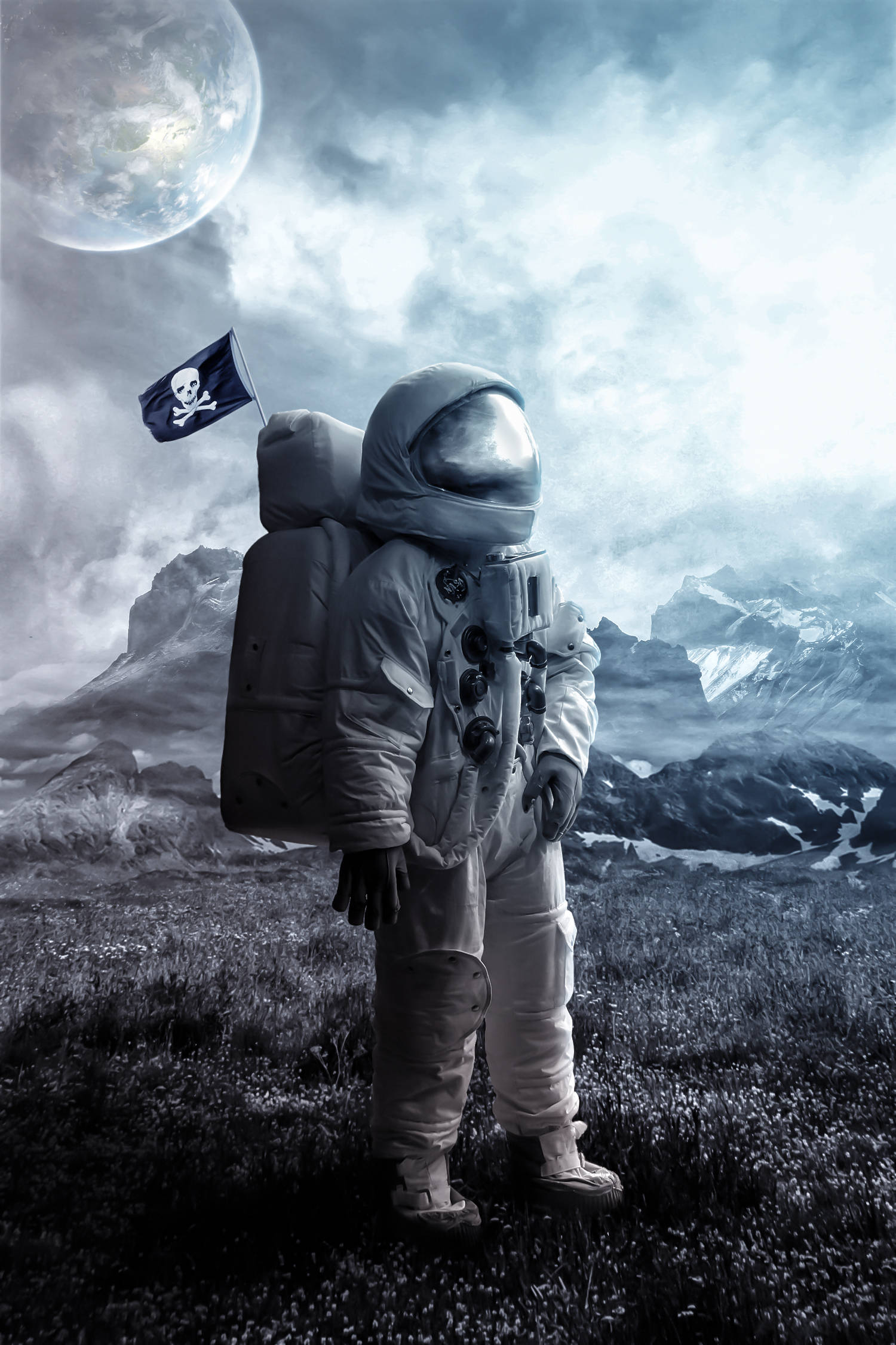 Dark Astronaut, rocky alien planet, pirate flag, Full HD Phone Wallpaper