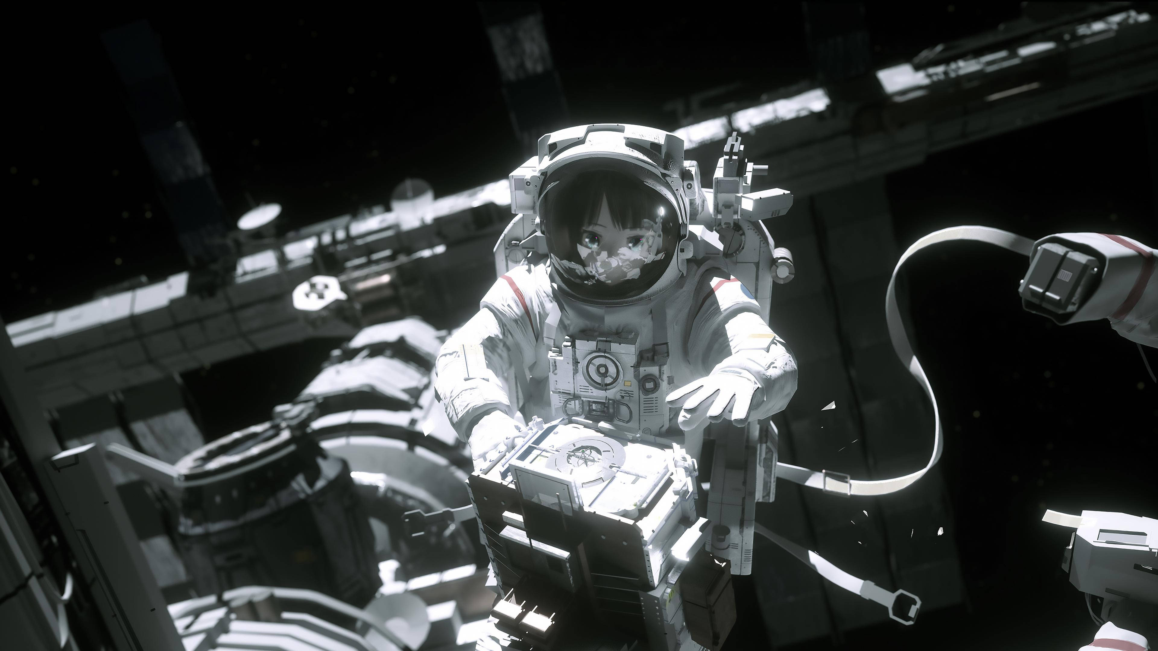 Black And White Astronaut, anime astronaut, short dark hair, 4K Desktop Wallpaper