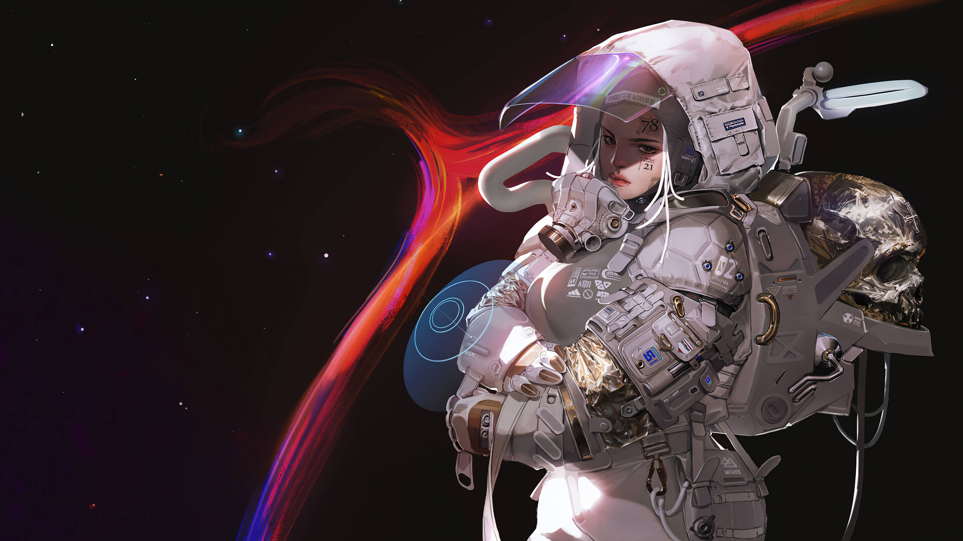 Black And White Girl Astronaut, white armor, starry cosmic backdrop, 4K Desktop Wallpaper