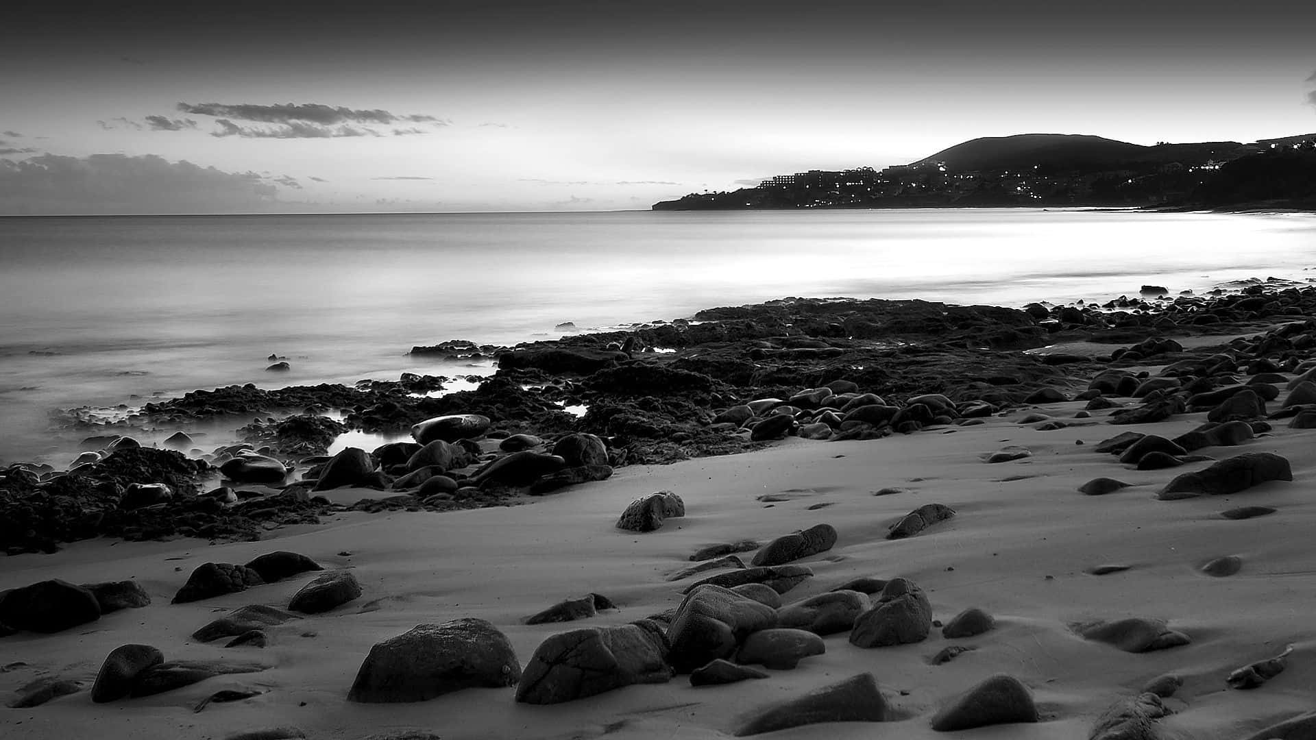 Black And White Beach, dusk, smooth water, Full HD Desktop Wallpaper