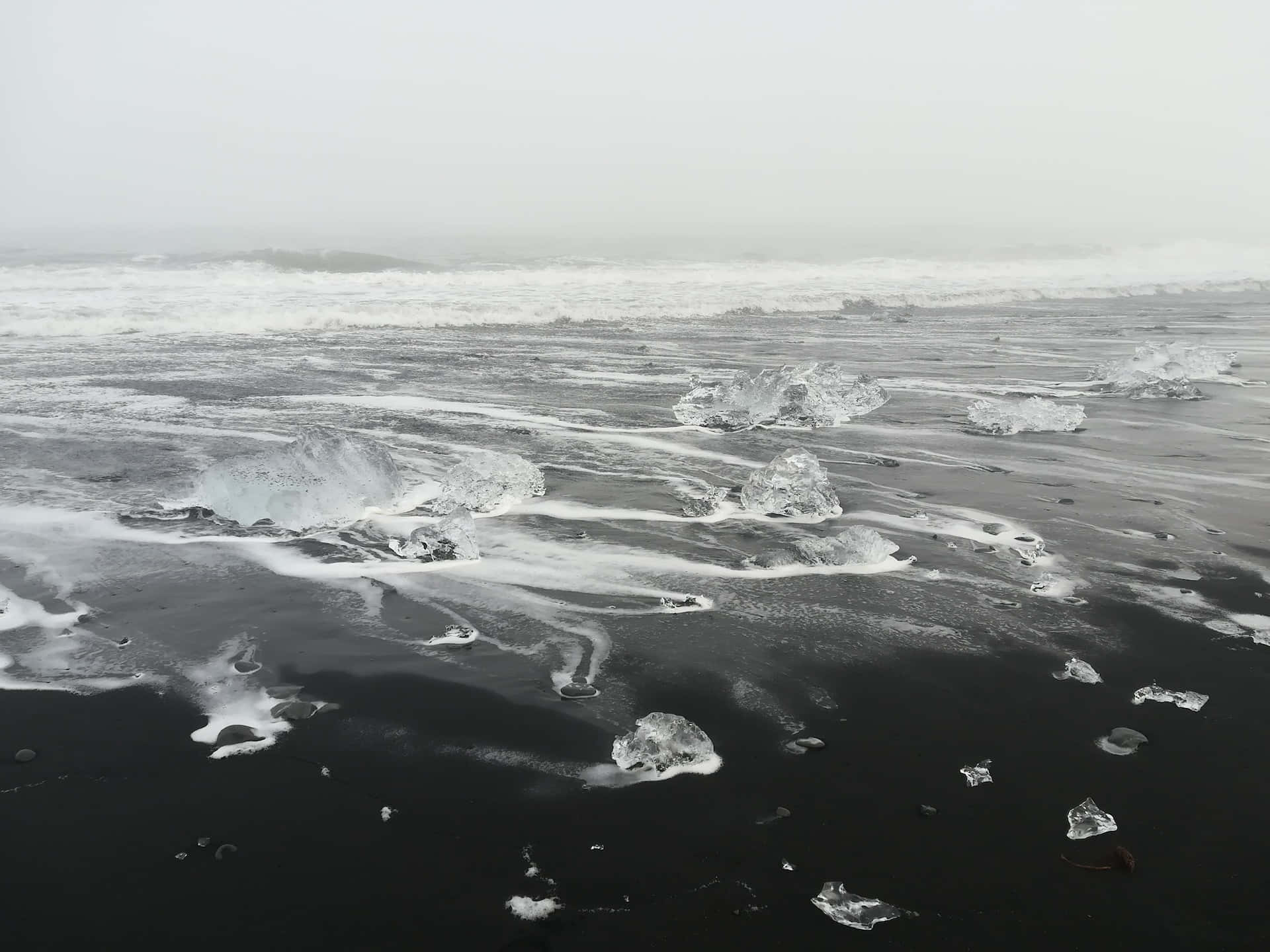 Black And White Beach, black volcanic sand beach, translucent ice chunks, Full HD Desktop Wallpaper