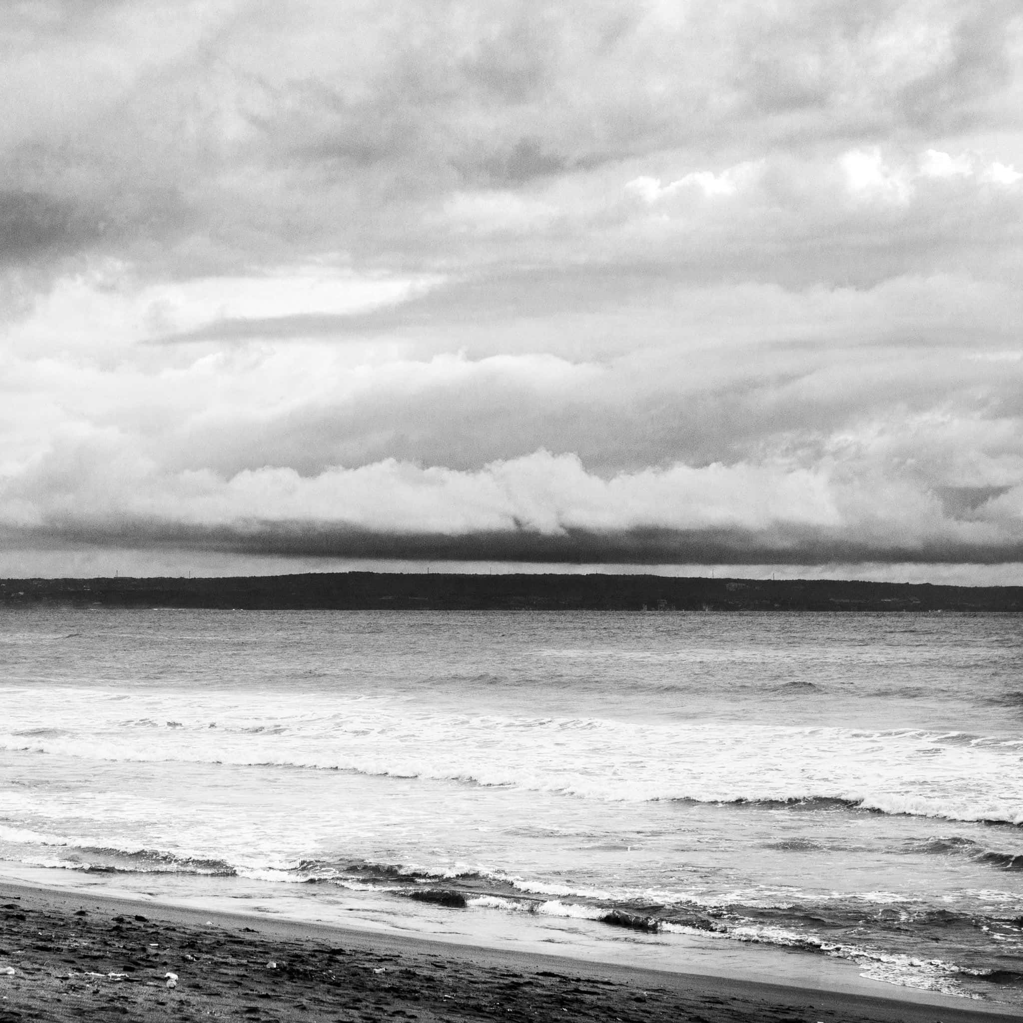Black And White Beach, crashing waves, dramatic cloud formations, Full HD Desktop Wallpaper