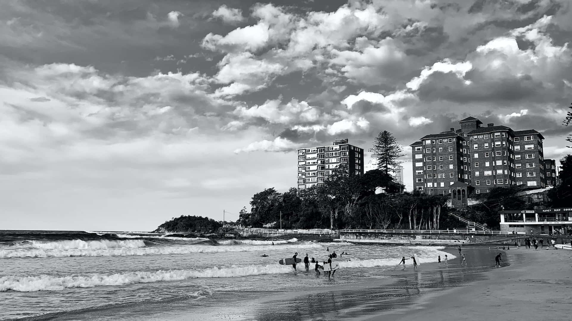 Black and White Beach, surfing, coastal scene, Full HD Desktop Wallpaper