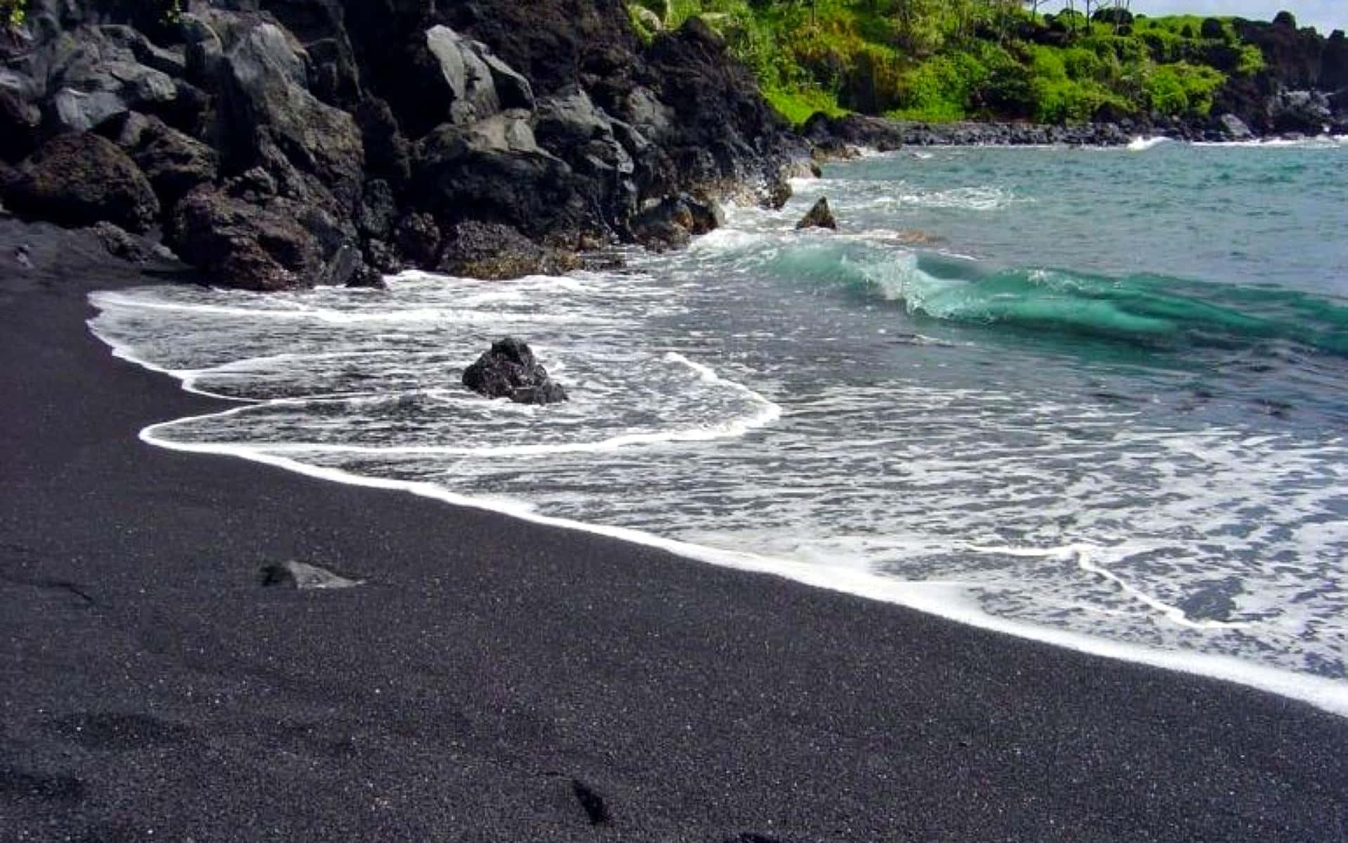 black sand beach, volcanic beach, rugged dark rocks, Full HD Desktop Wallpaper