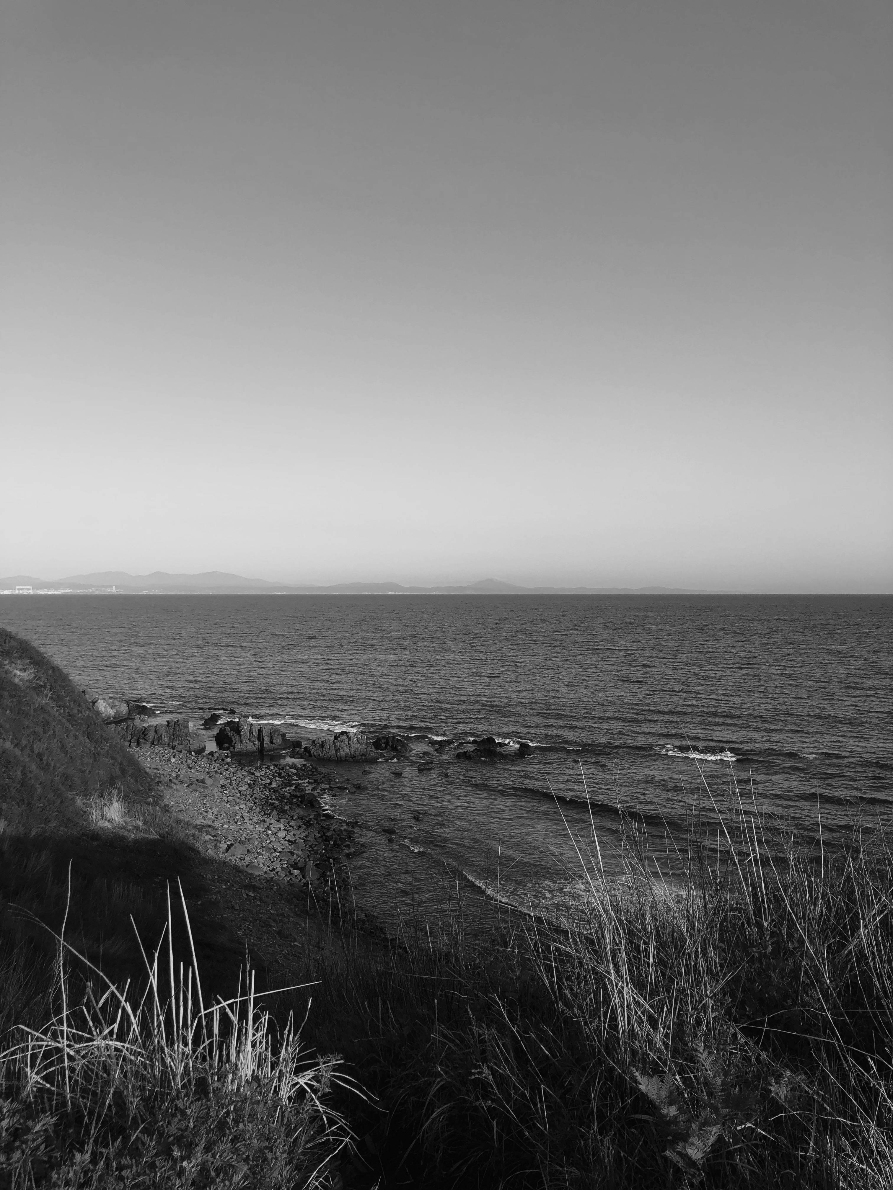 nostalgic black and white beach, grassy cliff, calm sea, 4K Phone Wallpaper