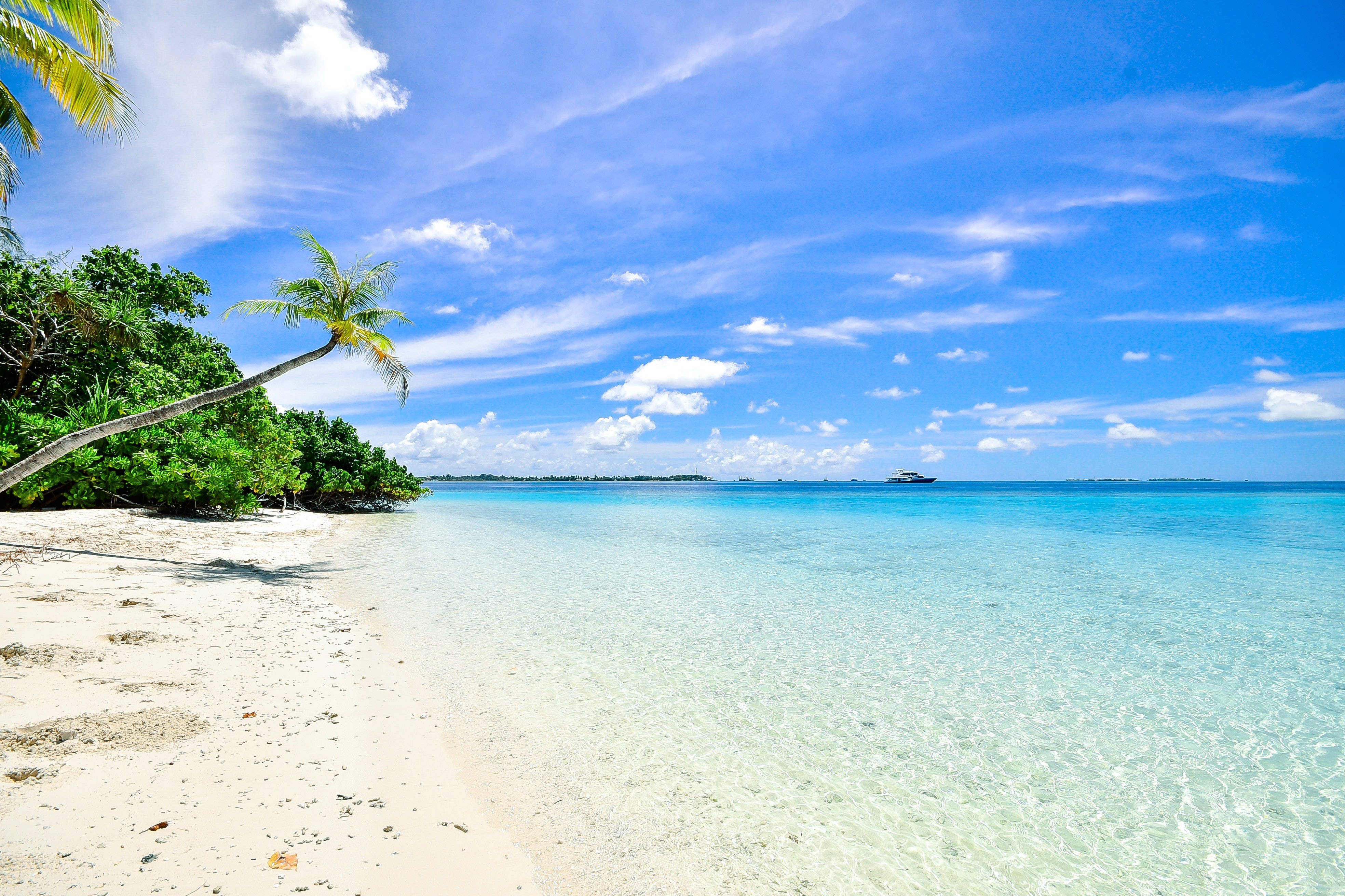 white shore, tropical beach, white sand, 4K Desktop Wallpaper