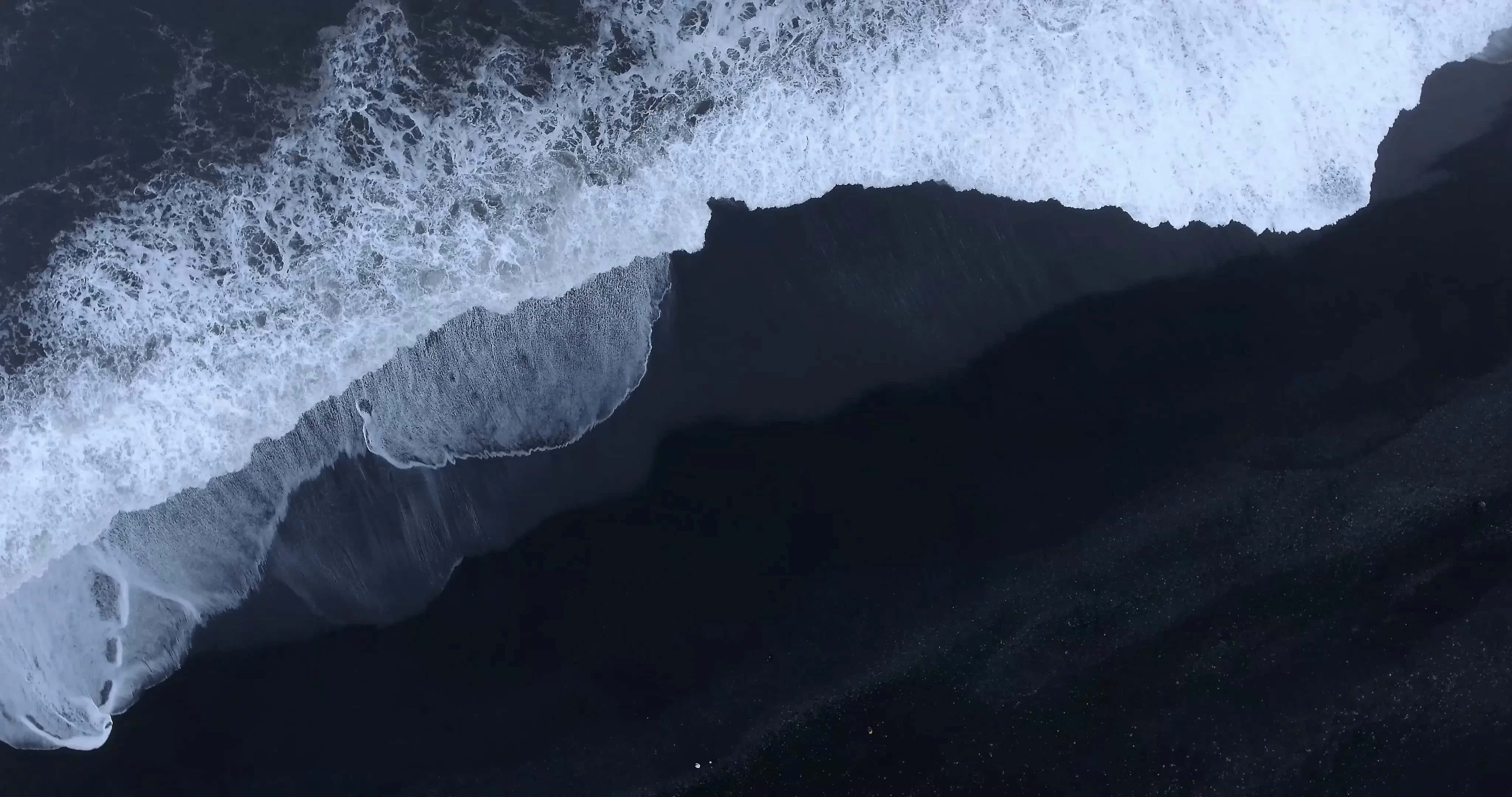 aerial view, black sand beach, crashing white waves, 4K Desktop Wallpaper