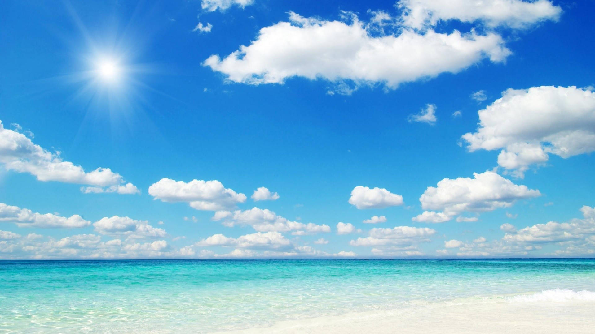 turquoise waters, white sandy beach, vivid blue sky, Full HD Desktop Wallpaper