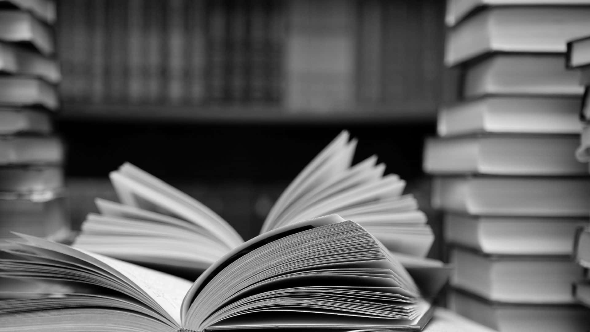 black and white book, monochromatic stack of books, open book, Full HD Desktop Wallpaper