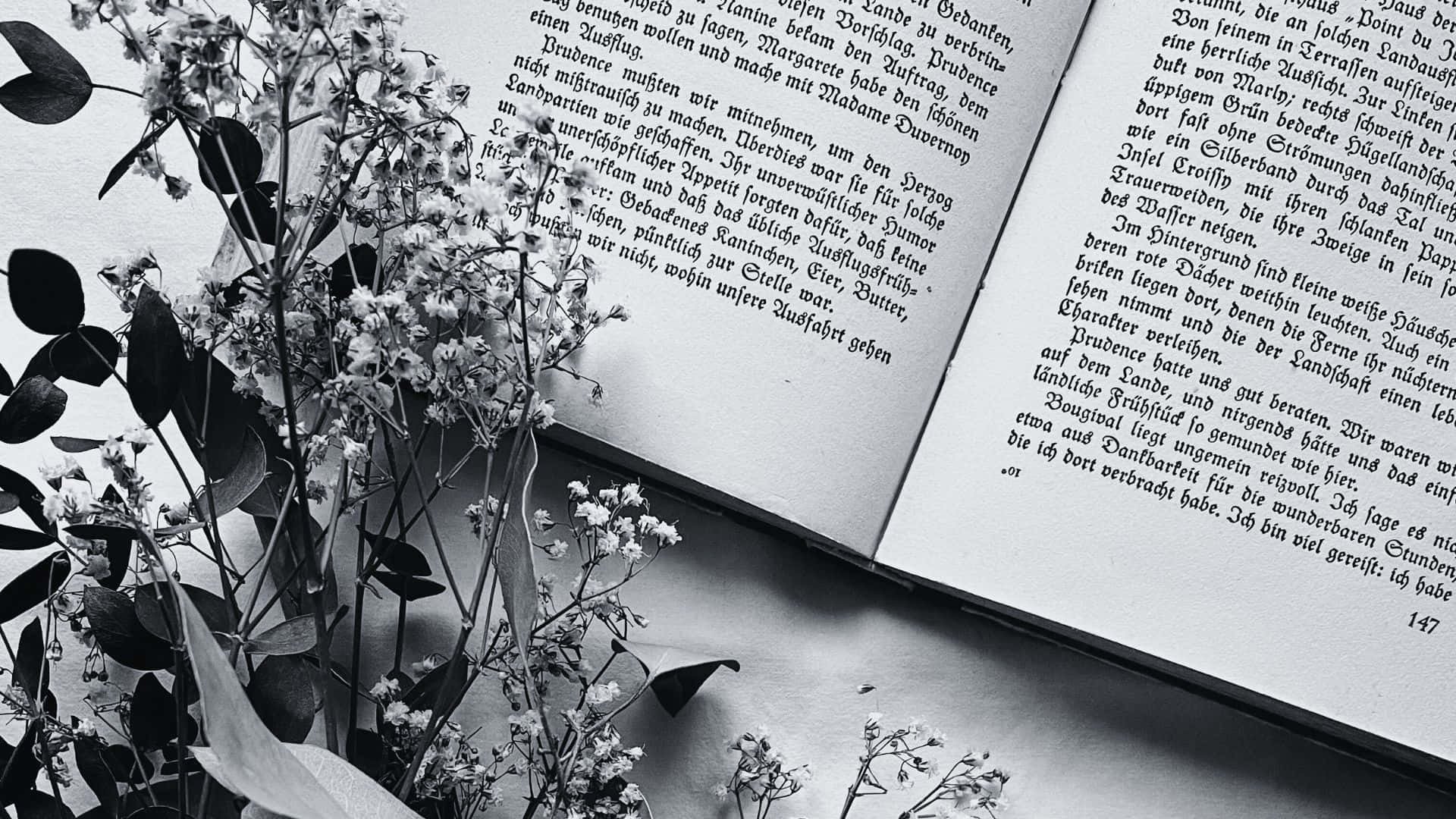 black and white book, baby's breath flowers, open book, Full HD Desktop Wallpaper