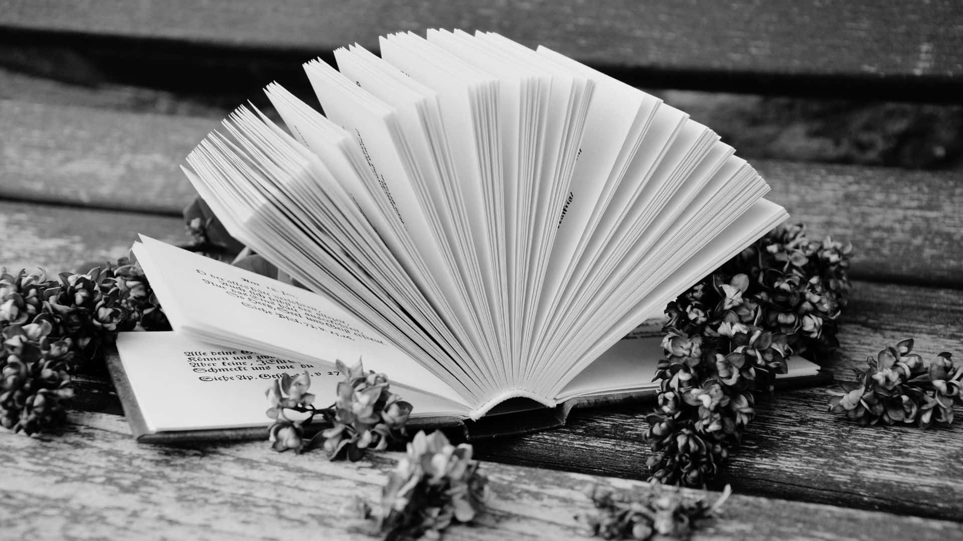 black and white book, open book, wooden surface, Full HD Desktop Wallpaper