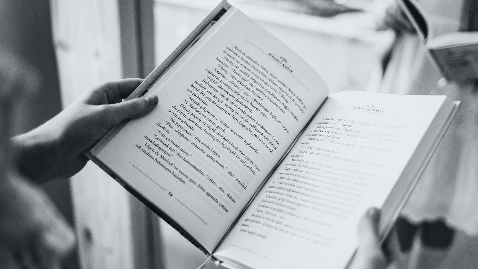 black and white book, open book, dense text, Full HD Desktop Wallpaper