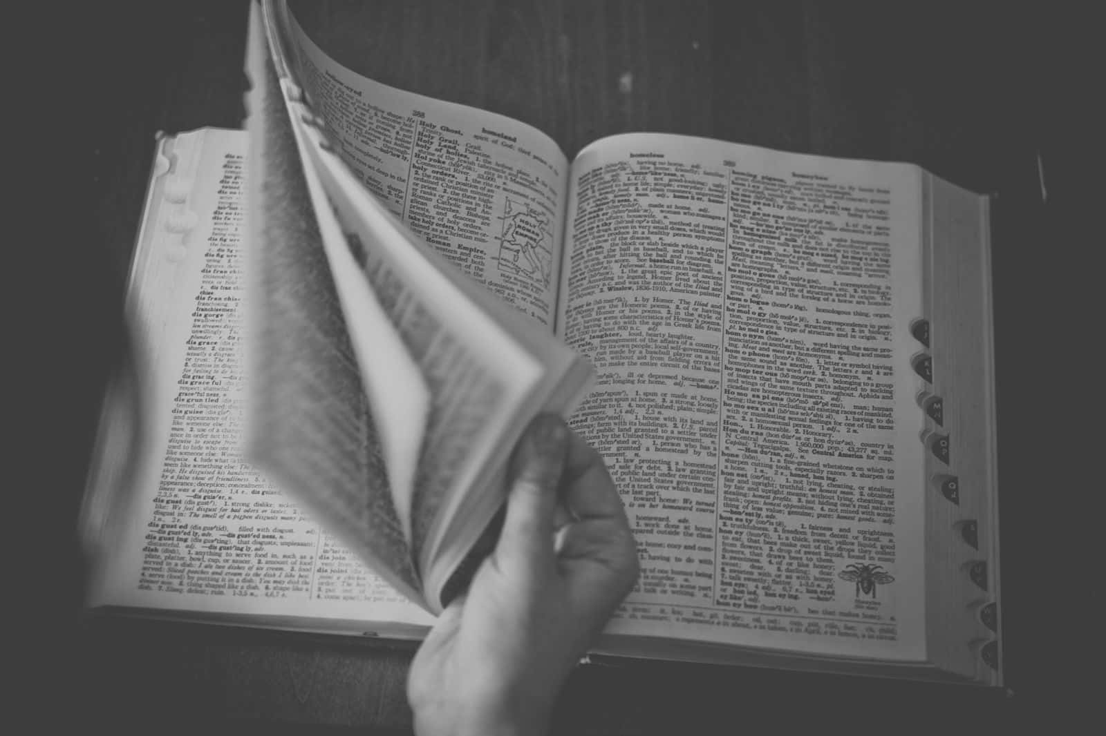 Black and White Book, open dictionary book, dense text, HD Desktop Wallpaper