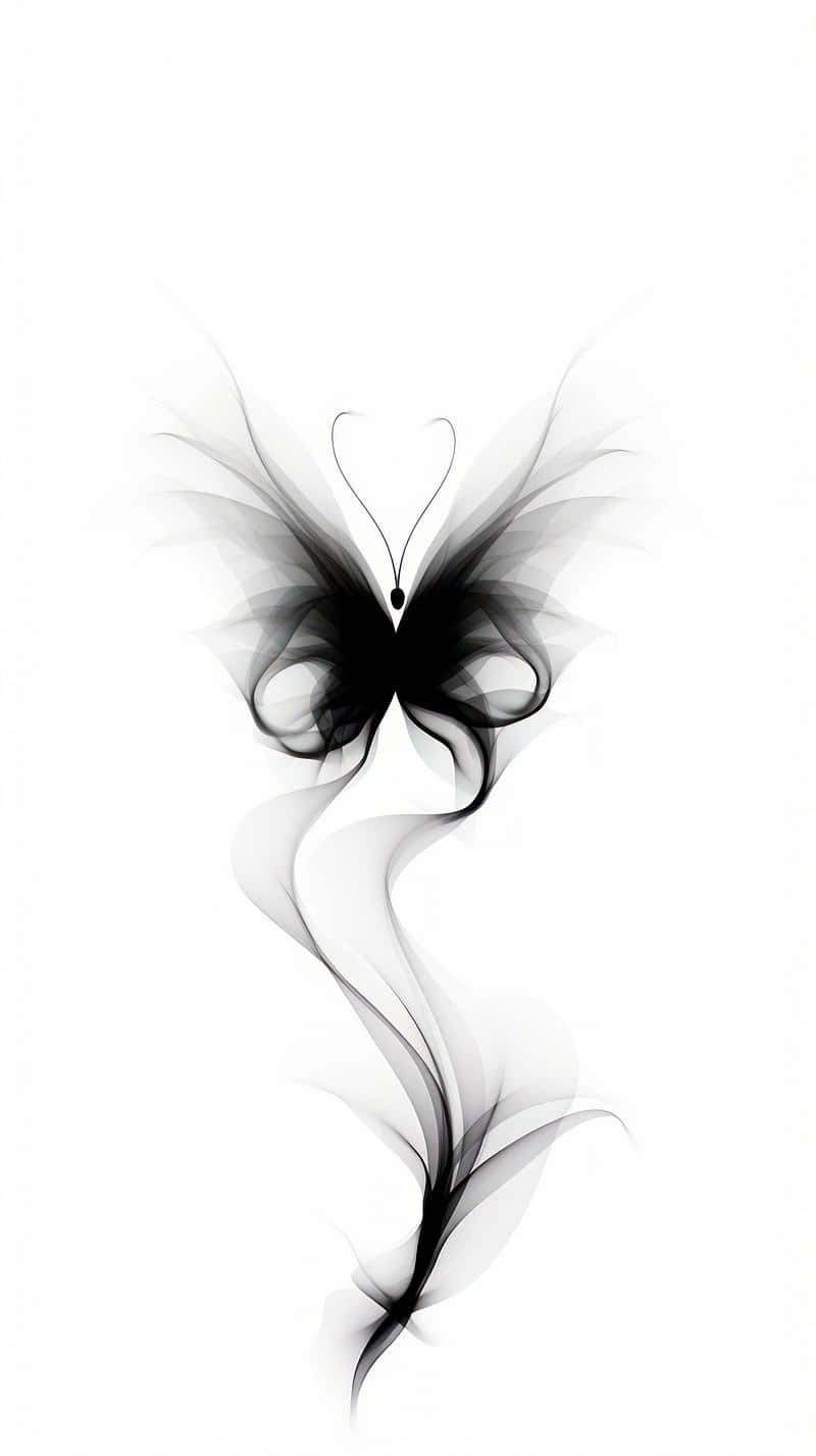 abstract black white butterfly art, heart-shaped wings, flowing smoke-like body, HD Phone Wallpaper