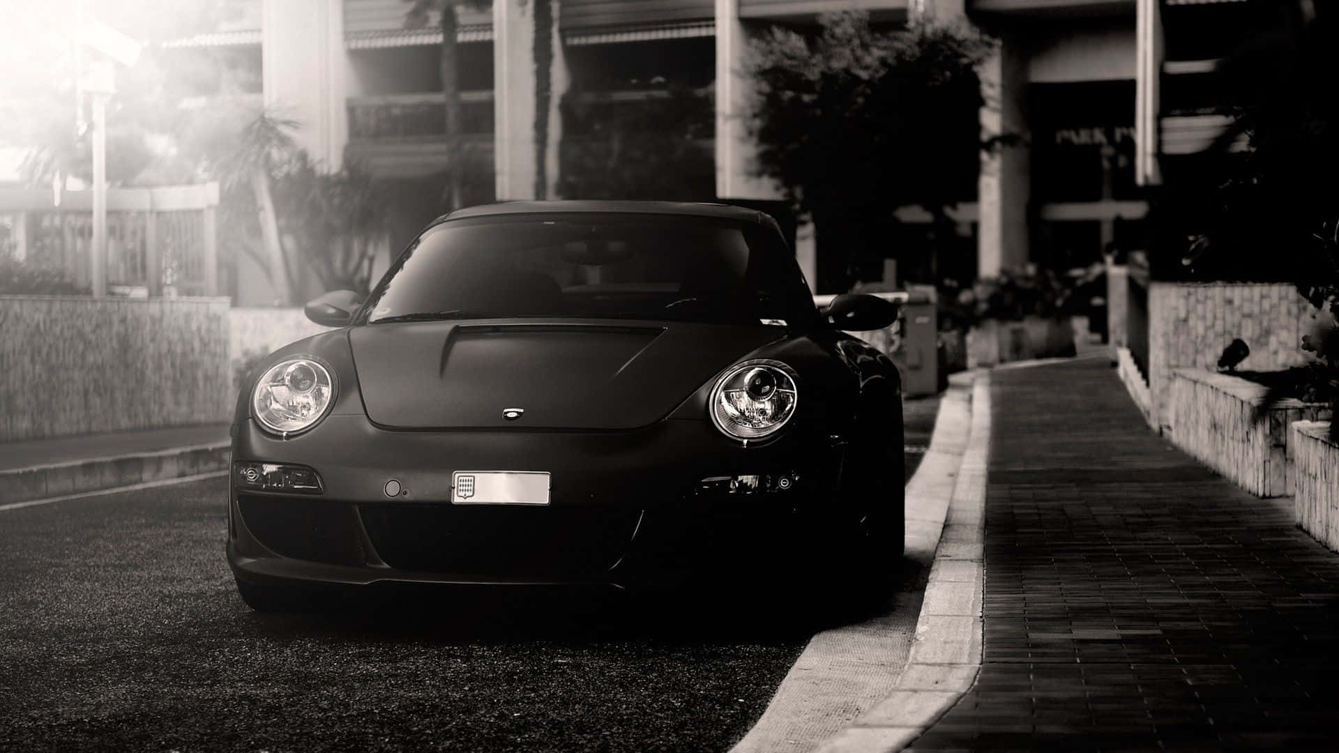 matte black sports car, sunlit urban street, palm trees, Full HD Desktop Wallpaper
