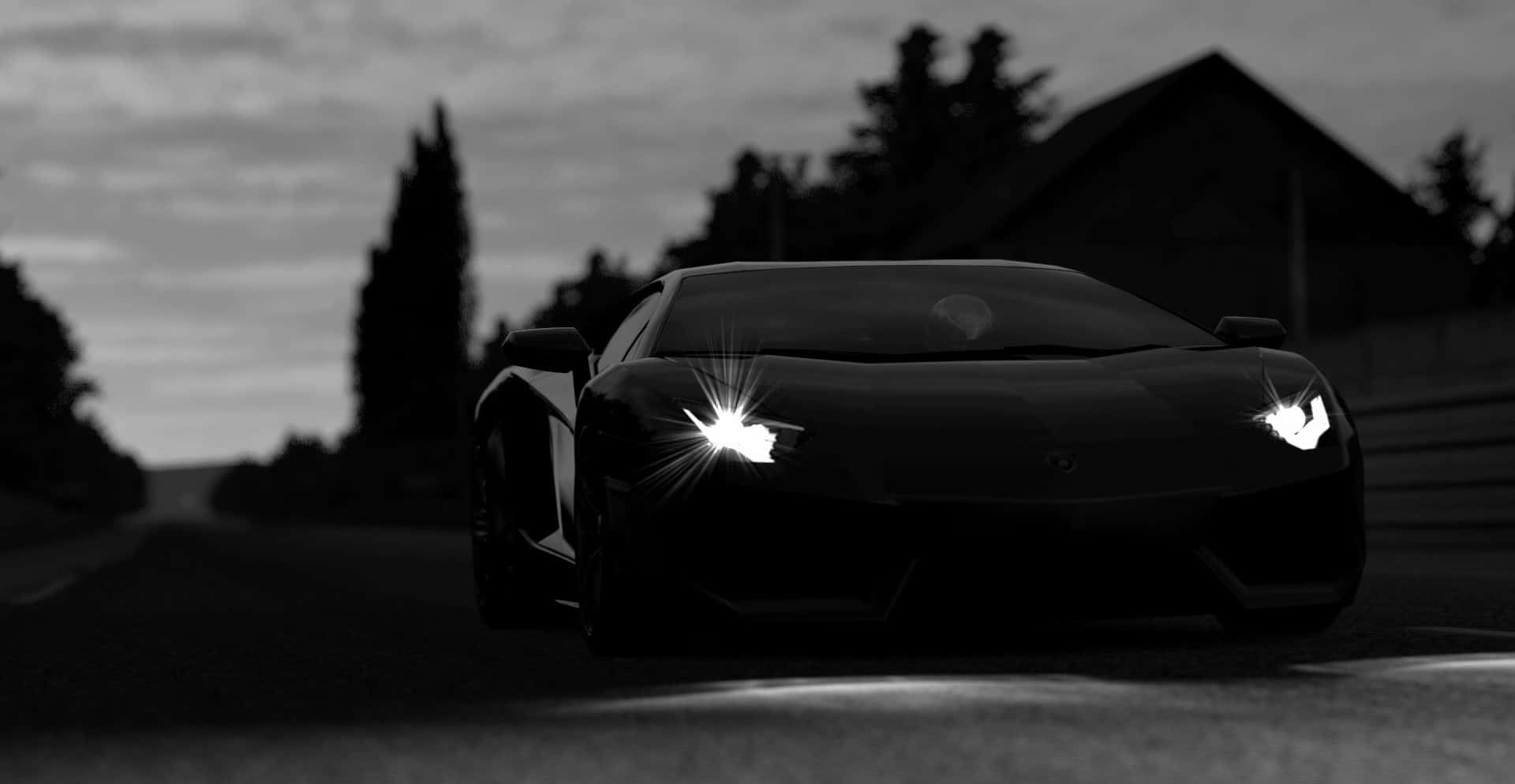 black sports car, glowing headlights, dimly lit road, Full HD Desktop Wallpaper