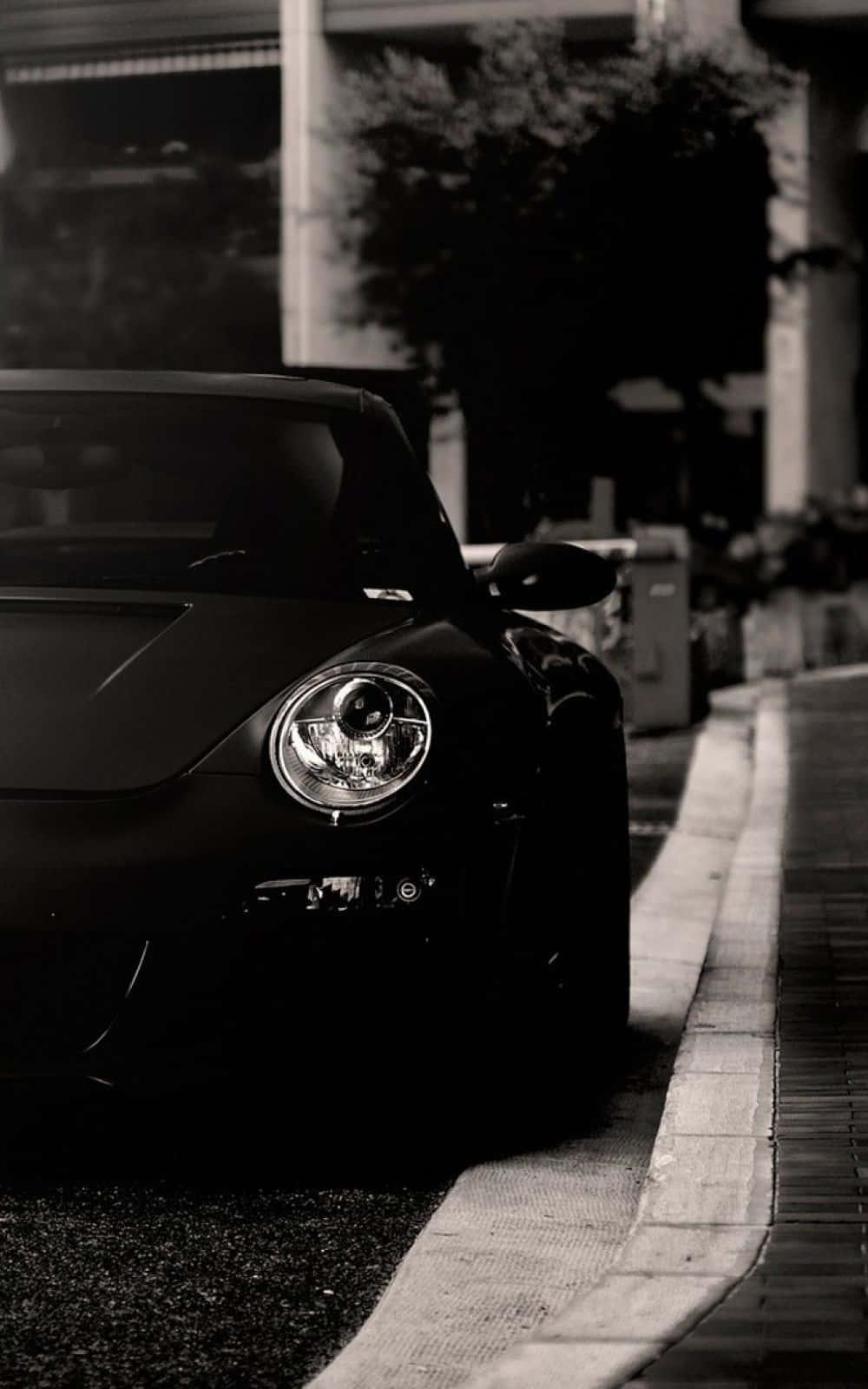 Black and White Car, sleek black sports car, sidewalk, HD Phone Wallpaper