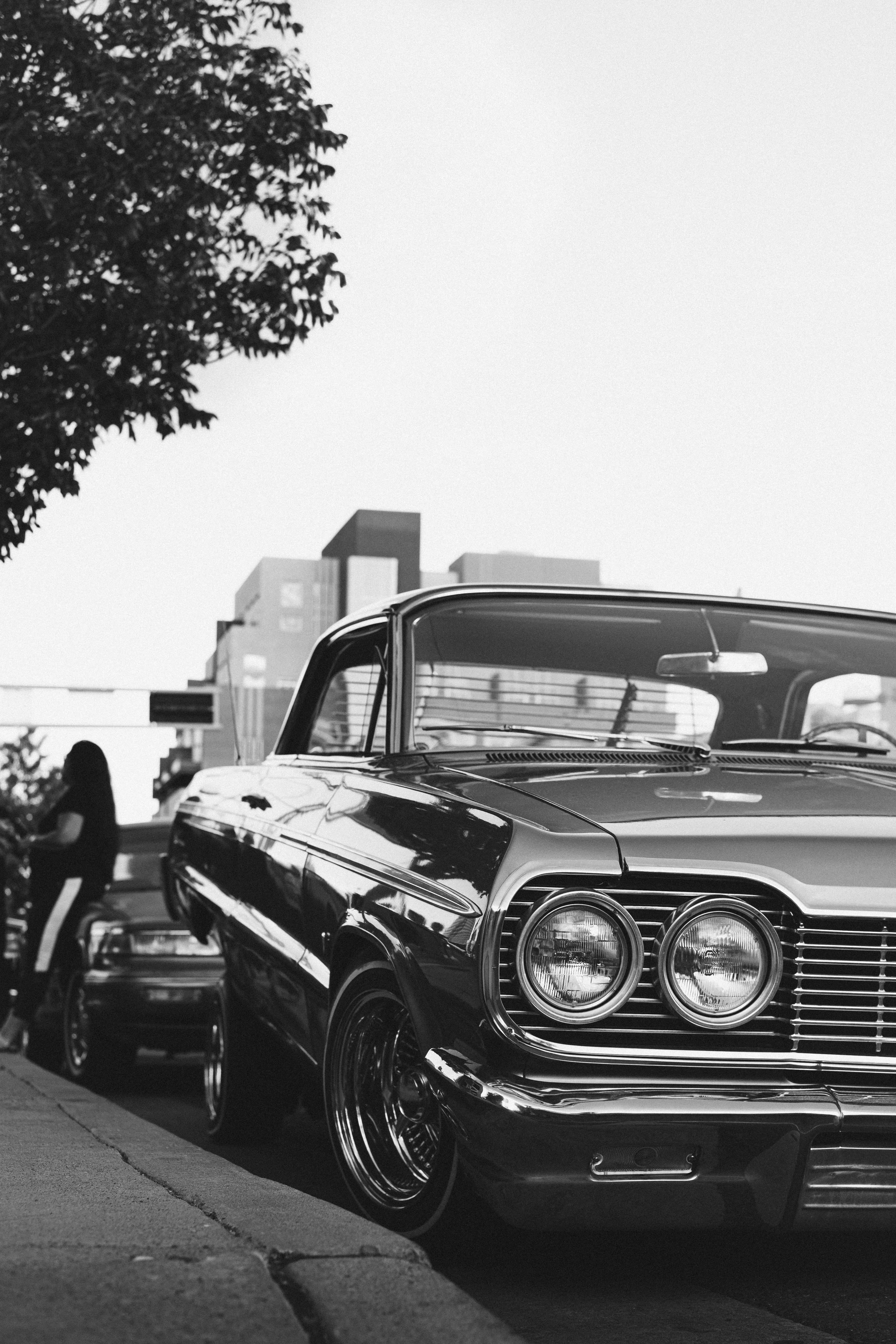 vintage car, black and white, city street, 5K Phone Wallpaper