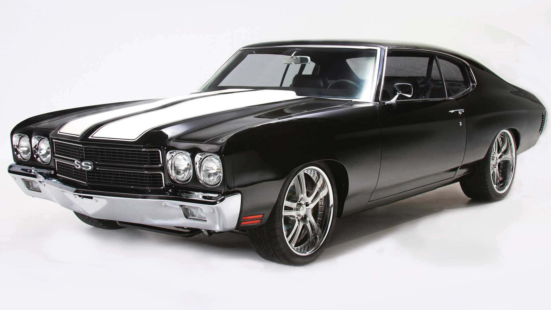 black classic muscle car, white racing stripes, chrome wheels, Full HD Desktop Wallpaper