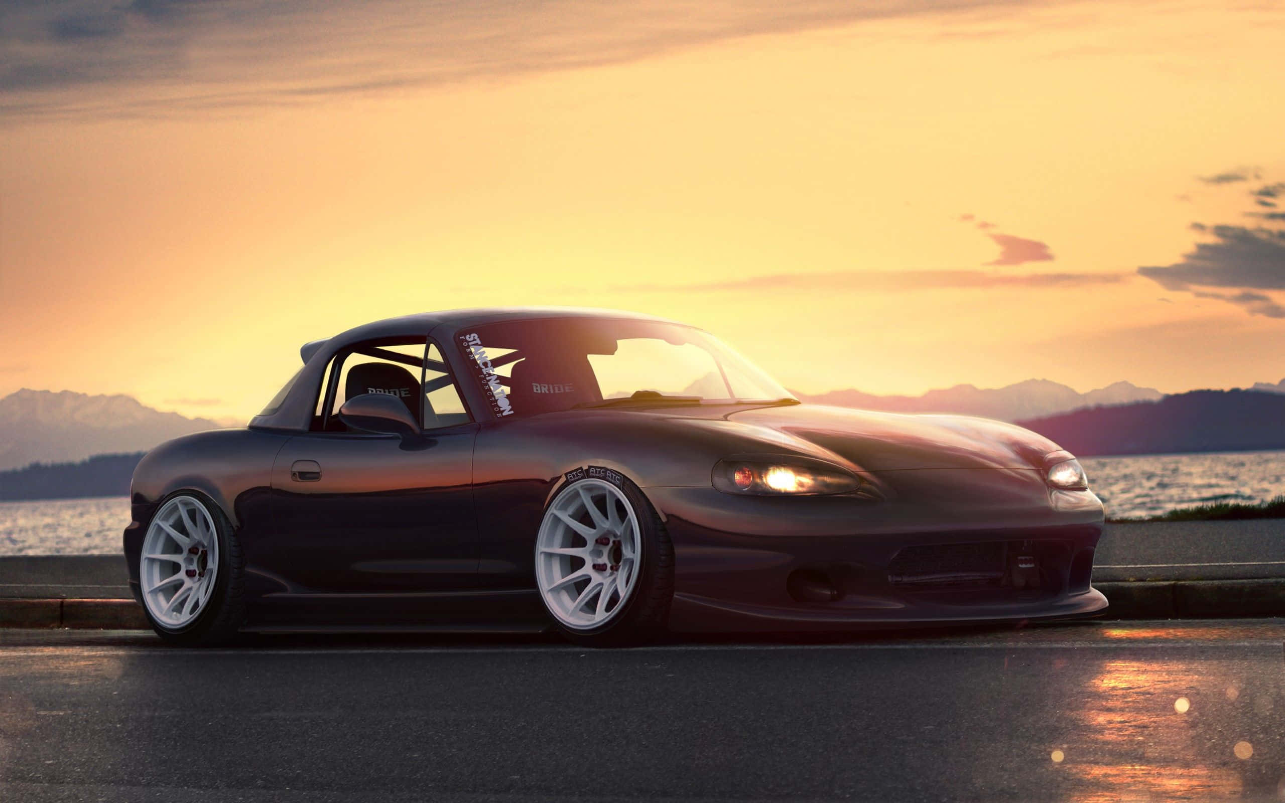 stance jdm, black sports car, white wheels, 2K Desktop Wallpaper
