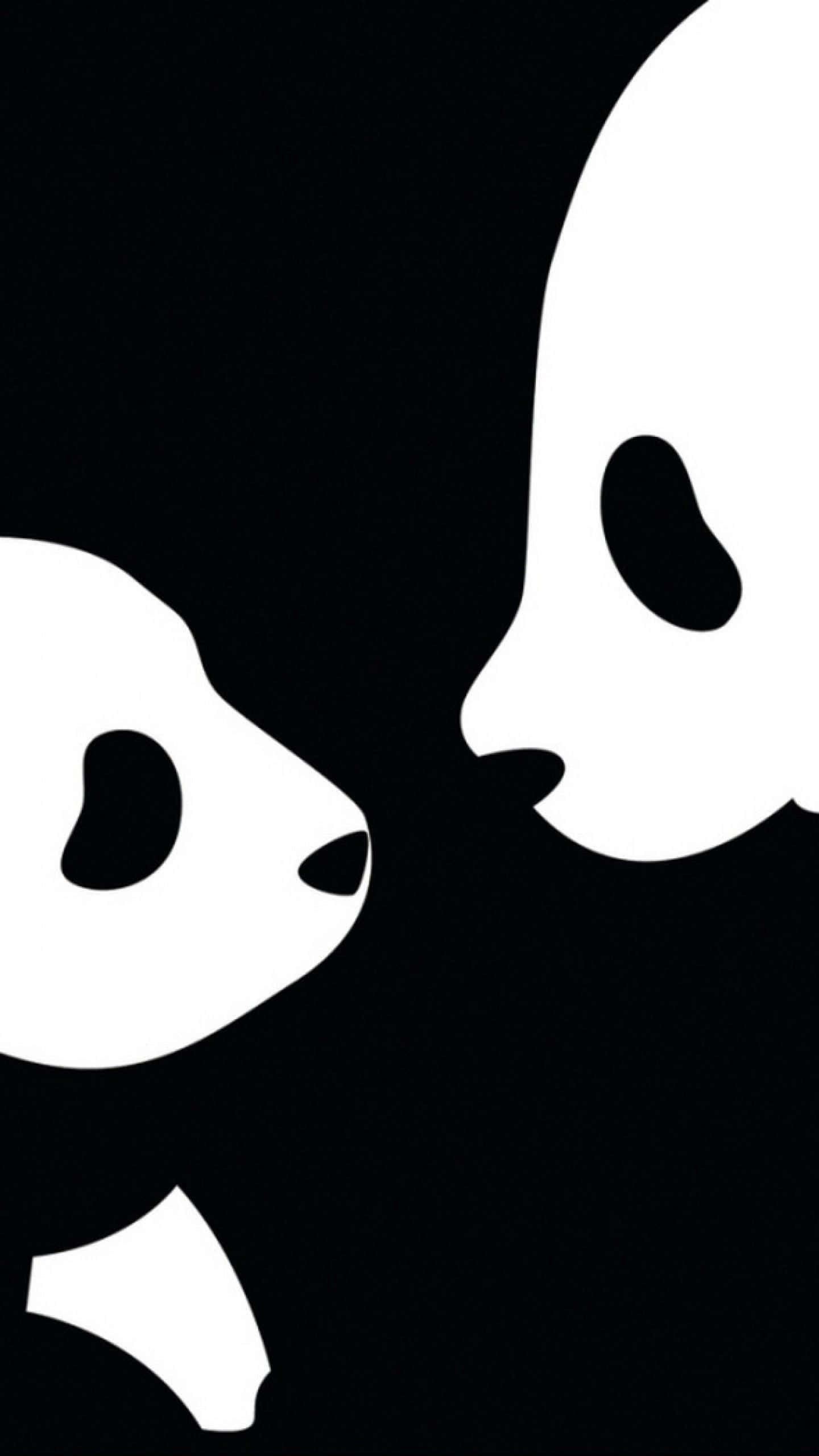 black and white cartoon, minimalist white panda silhouettes, stark black background, 2K Phone Wallpaper