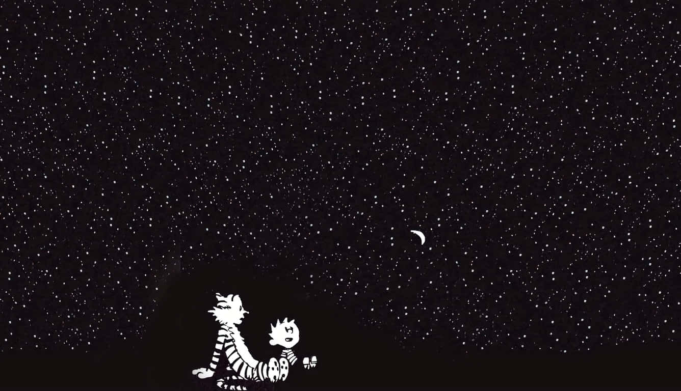 black and white cartoon, white line-art, starry night sky, HD Desktop Wallpaper