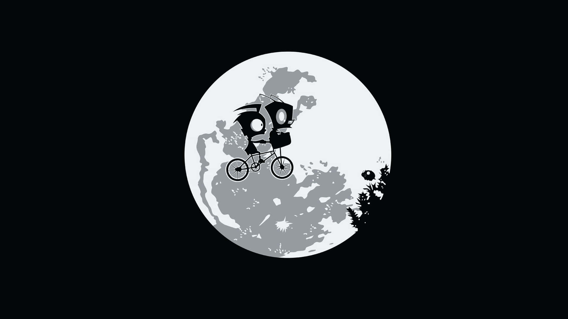 cartoon characters, bicycle, stylized moon, Full HD Desktop Wallpaper