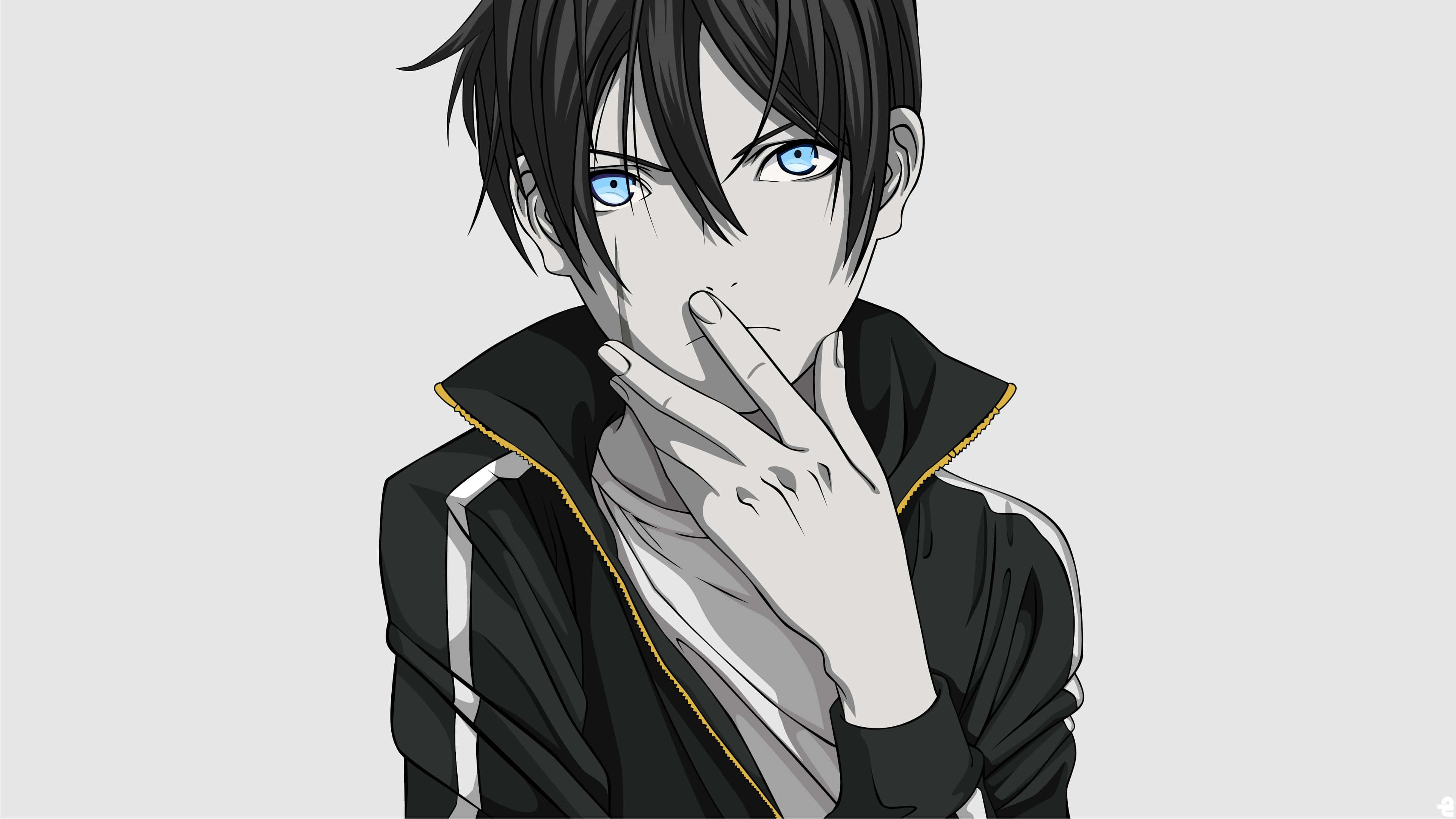 black and white cartoon, anime male, blue eyes, 4K Desktop Wallpaper